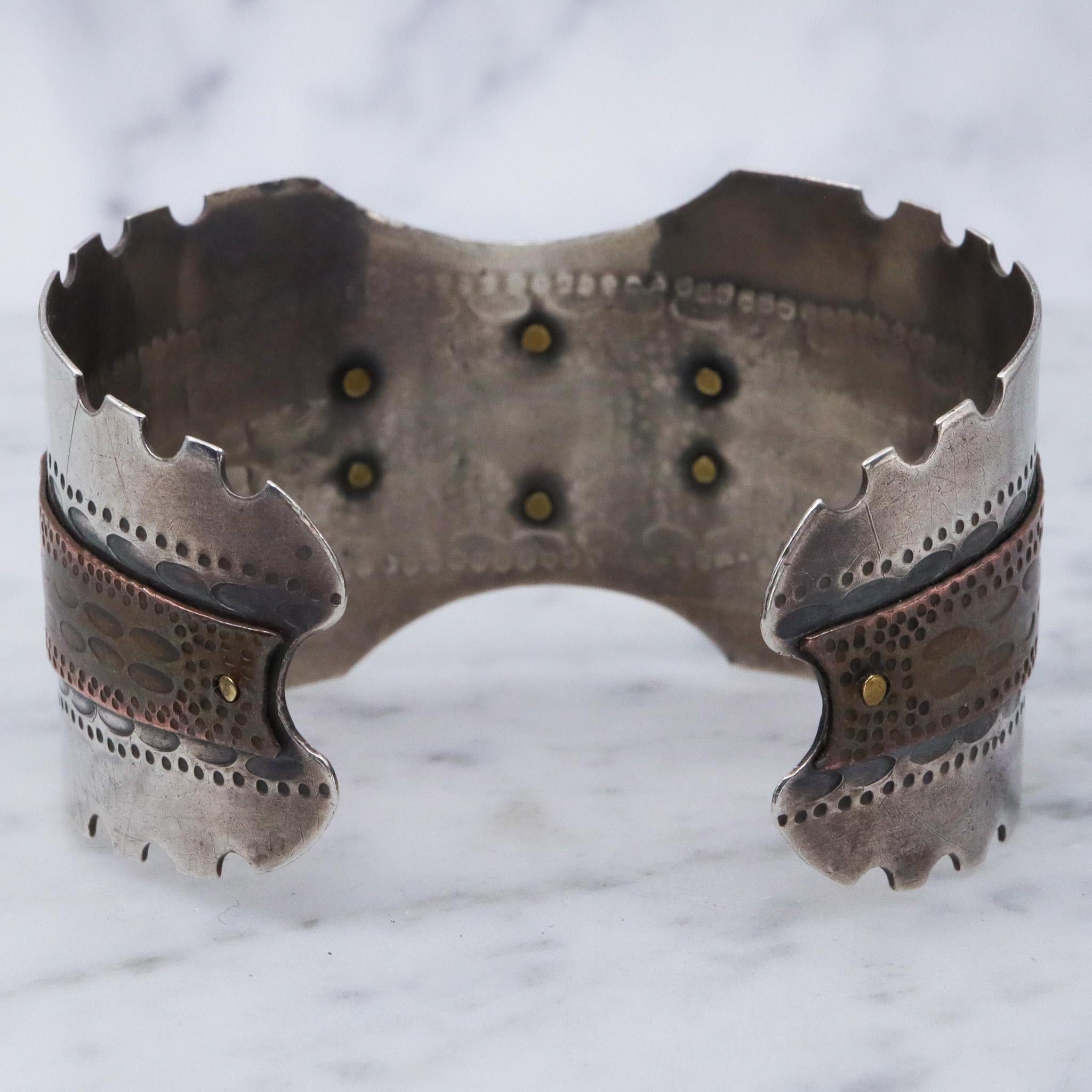 Vintage sterling silver & copper cuff bracelet with cats eye cabochon