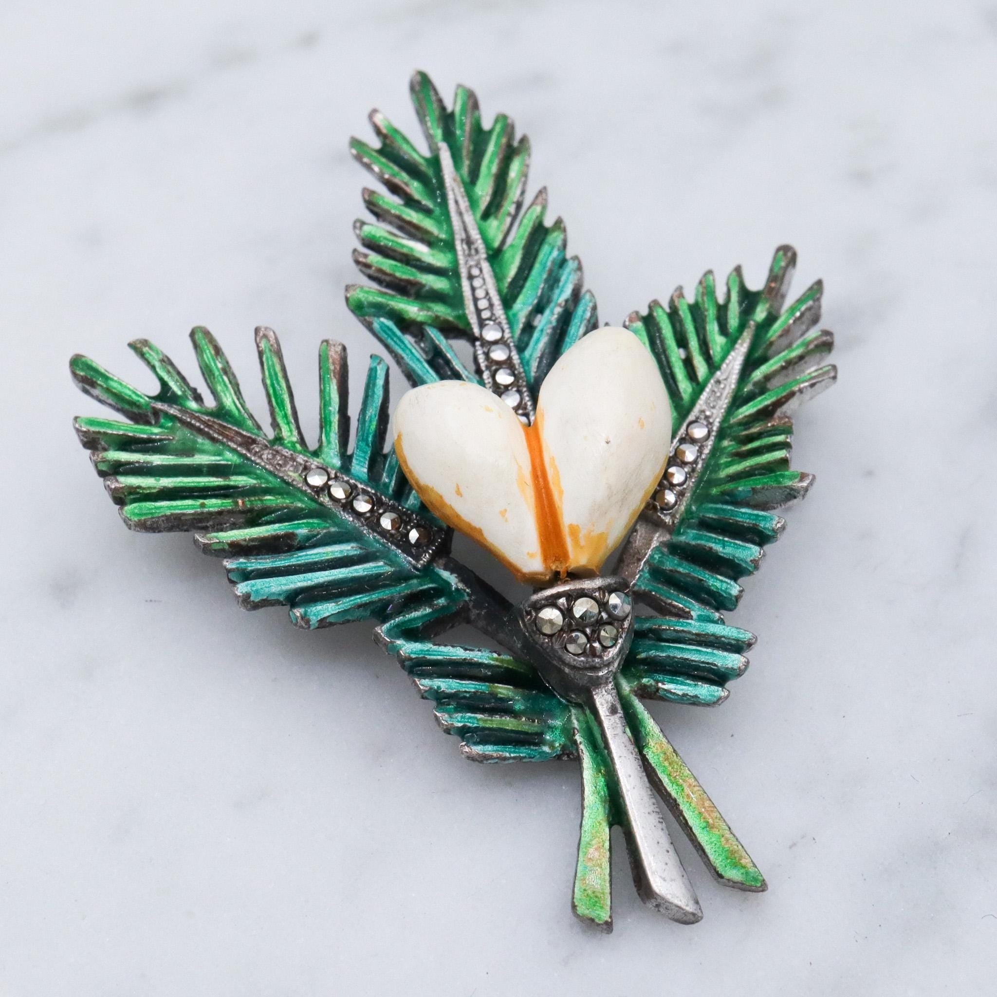 Antique German Art Deco sterling silver painted brooch with marcasite stones