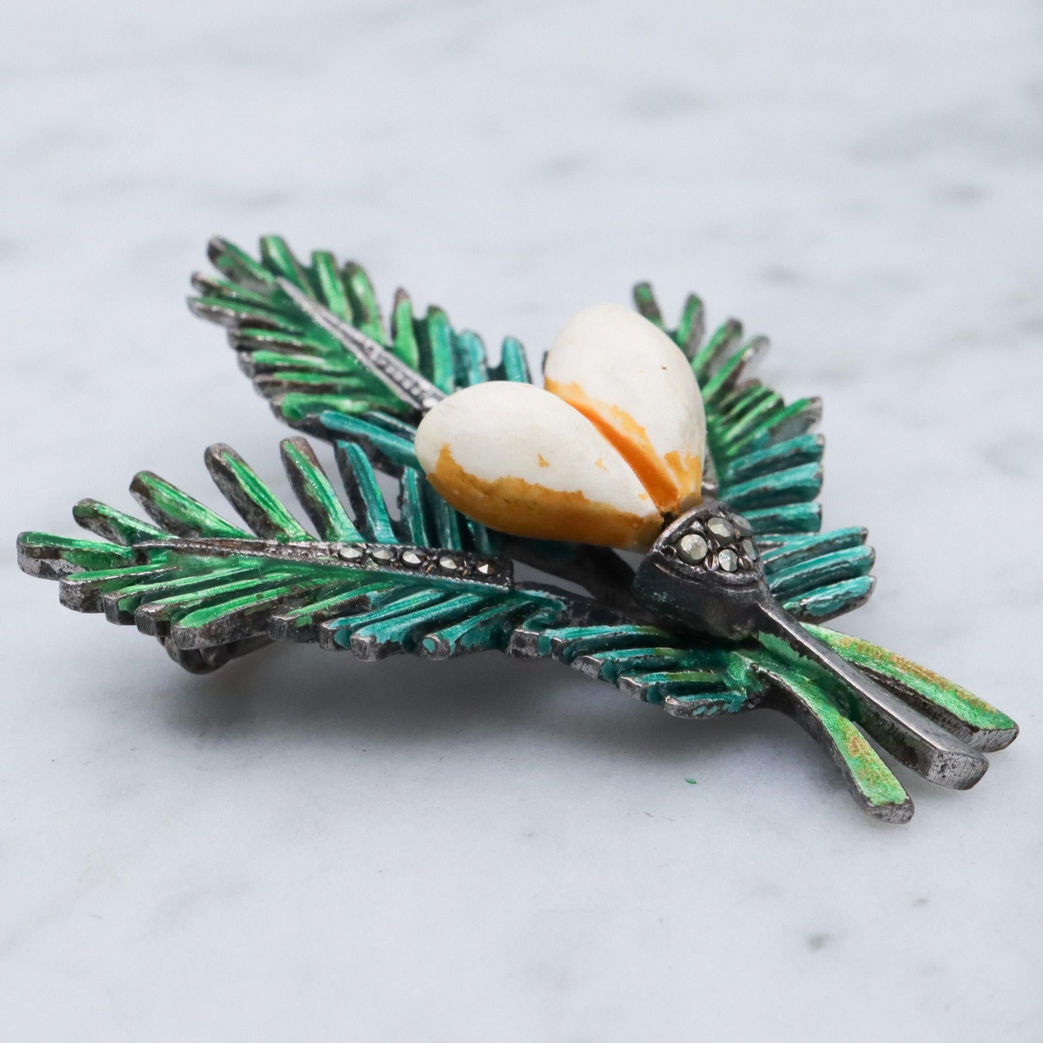 Antique German Art Deco sterling silver painted brooch with marcasite stones