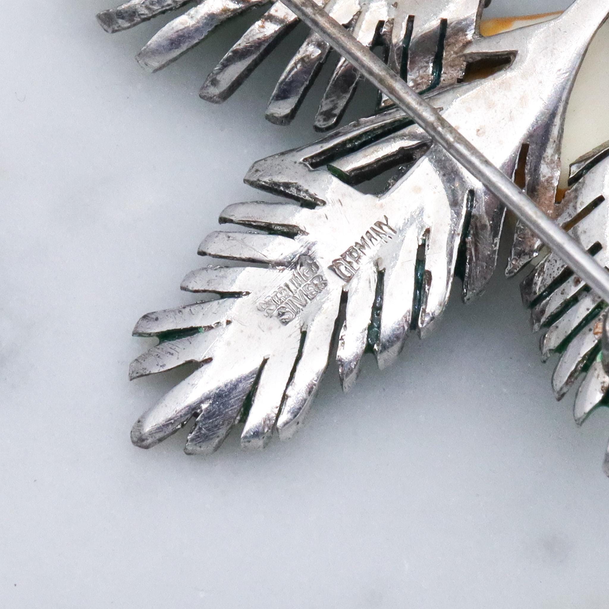Antique German Art Deco sterling silver painted brooch with marcasite stones