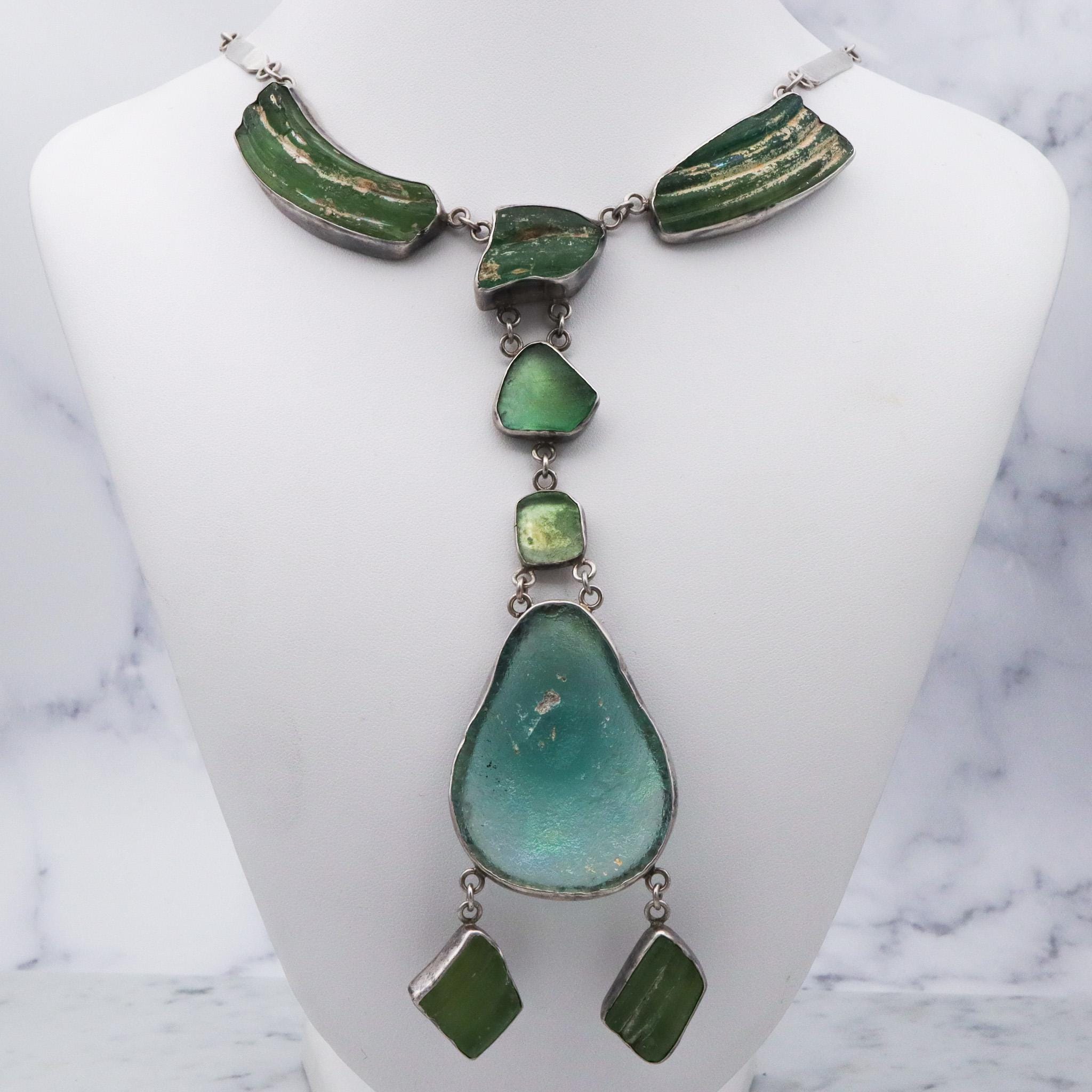 Vintage handmade sterling silver ancient Roman glass lavalier style necklace