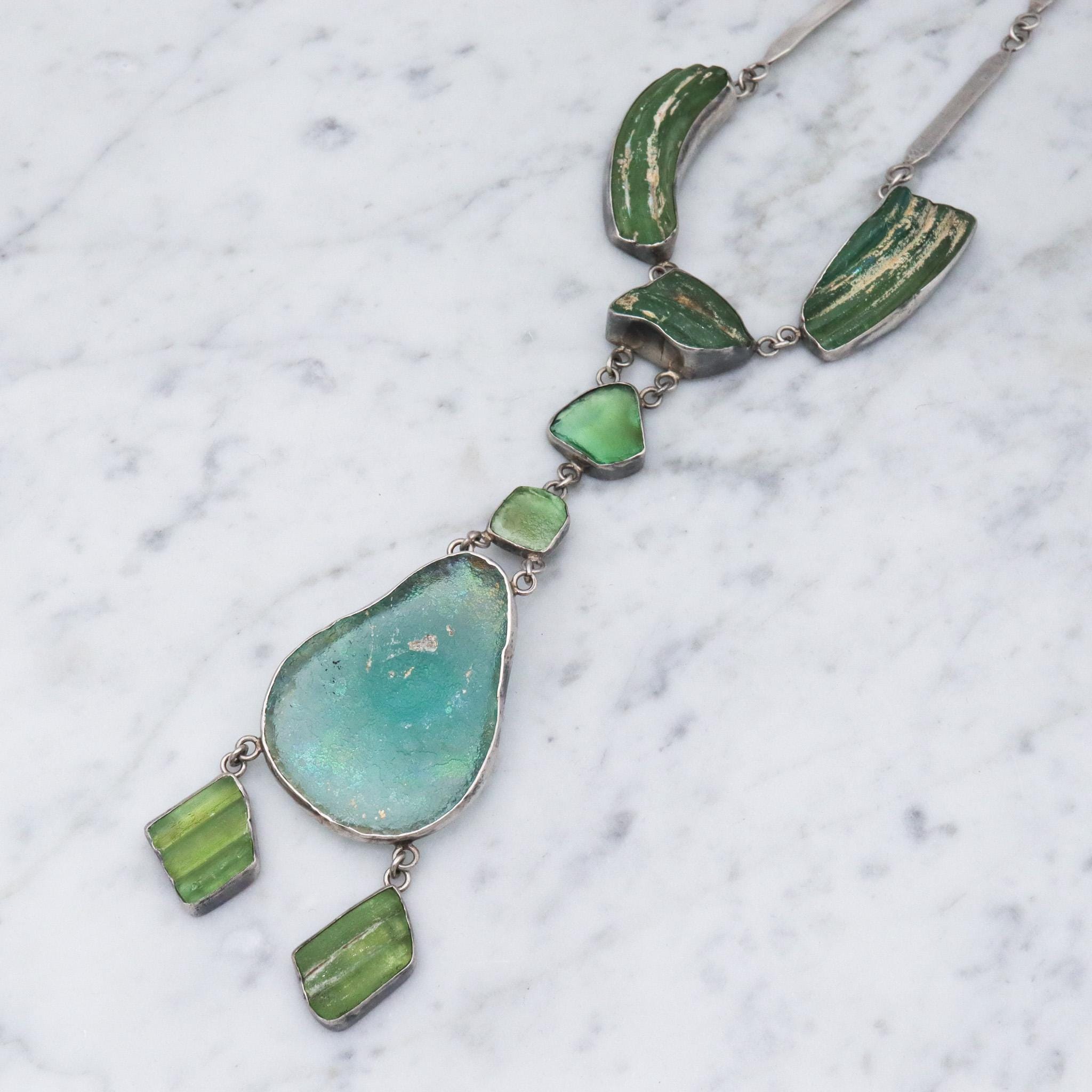 Vintage handmade sterling silver ancient Roman glass lavalier style necklace