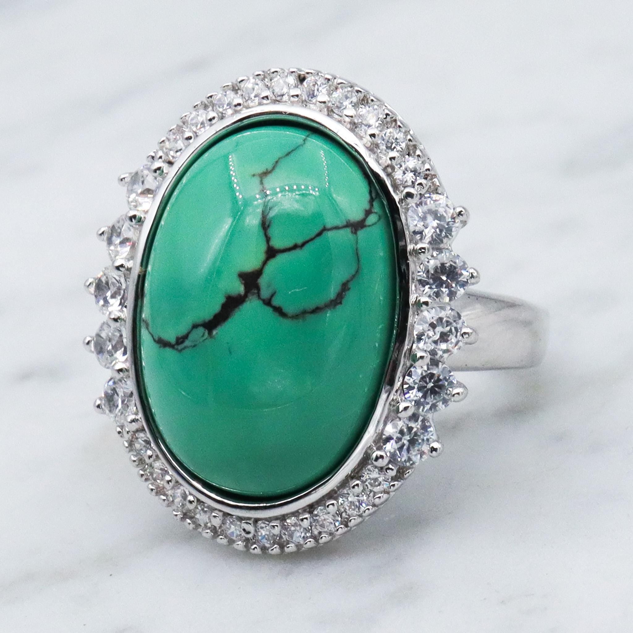 Vintage Joseph Esposito ESPO sterling silver green turquoise with cubic zirconia halo ring, sz 6