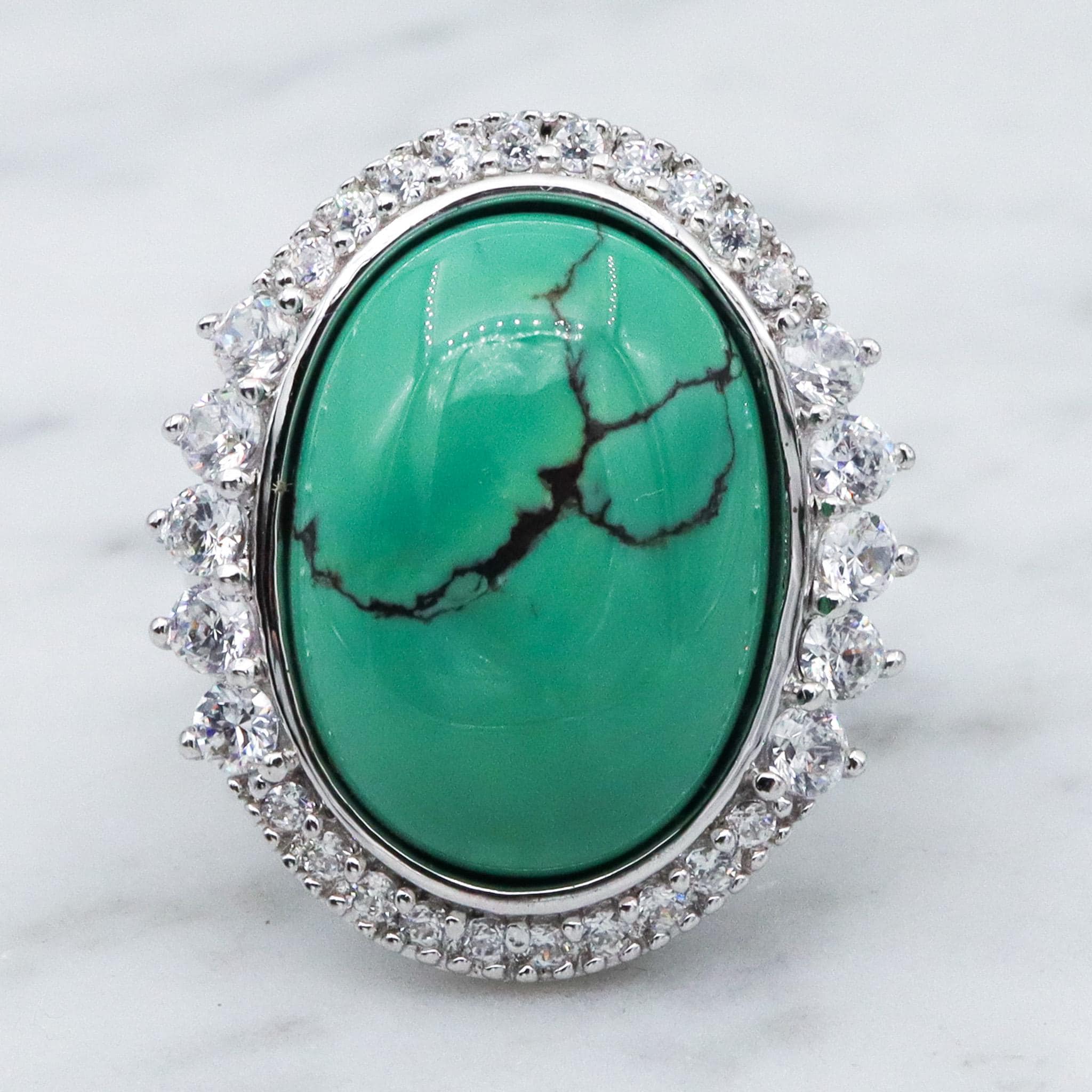 Vintage Joseph Esposito ESPO sterling silver green turquoise with cubic zirconia halo ring, sz 6