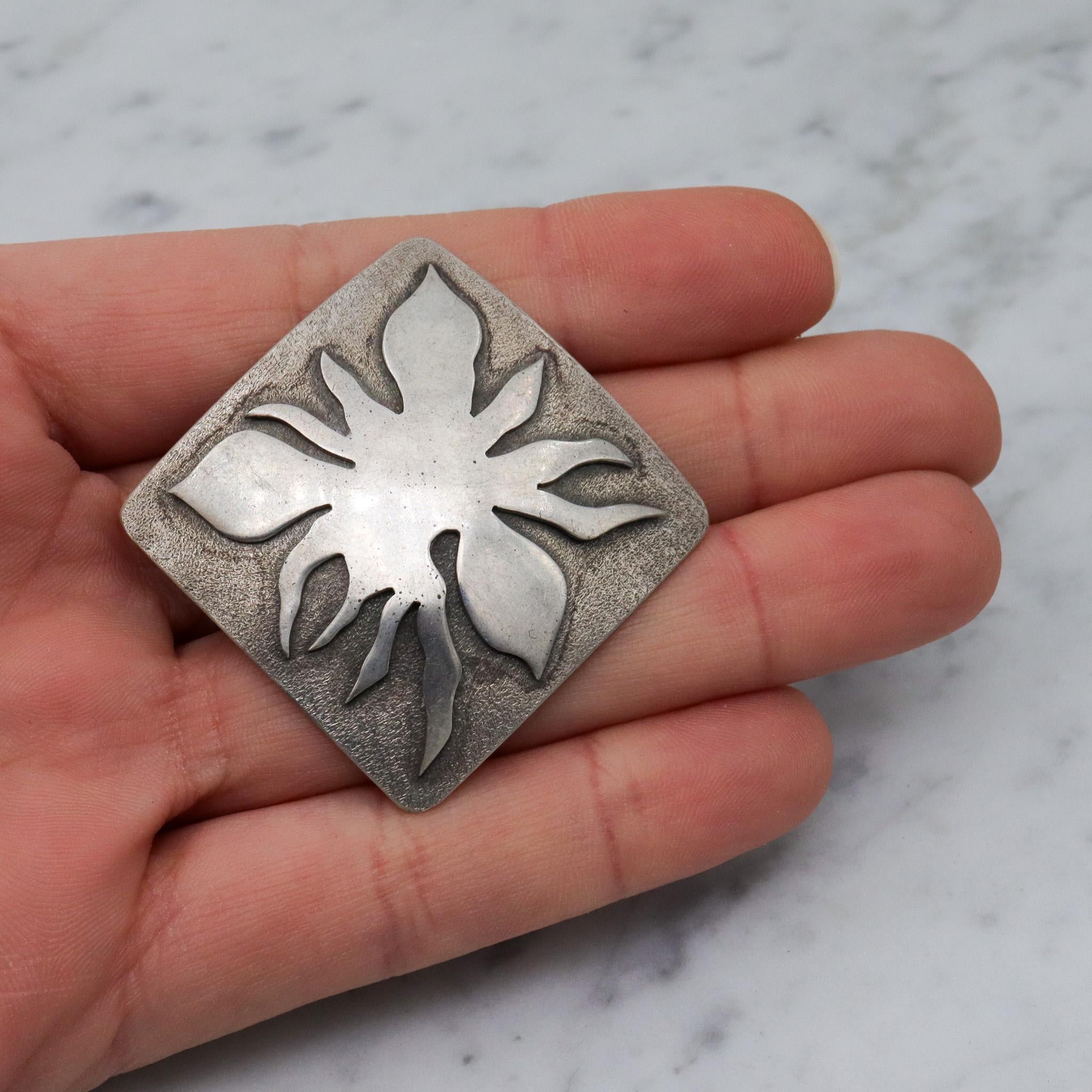 Vintage sterling silver Modernist artist square brooch with organic abstract design