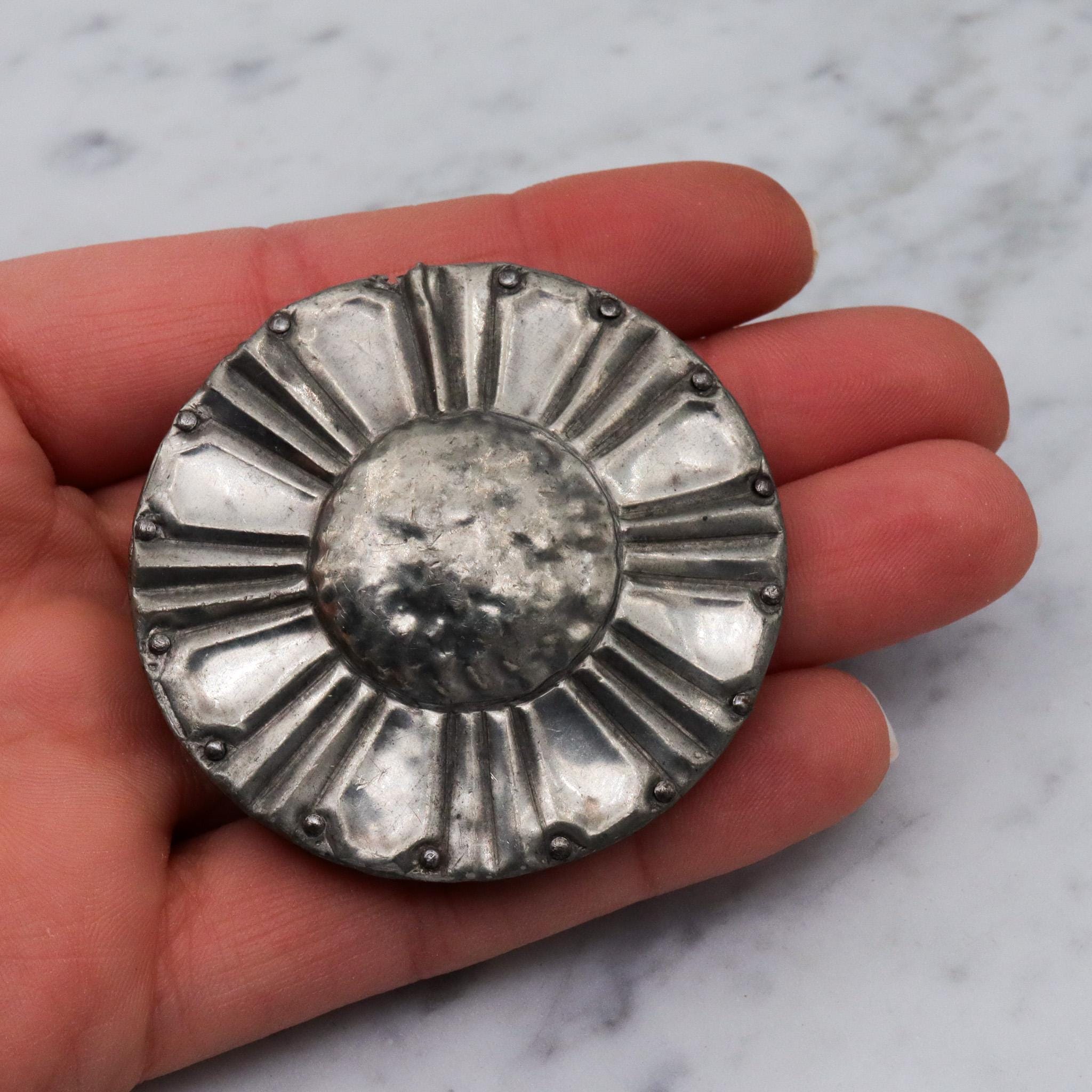 Antique Arts & Crafts period handmade pewter and wood flower brooch