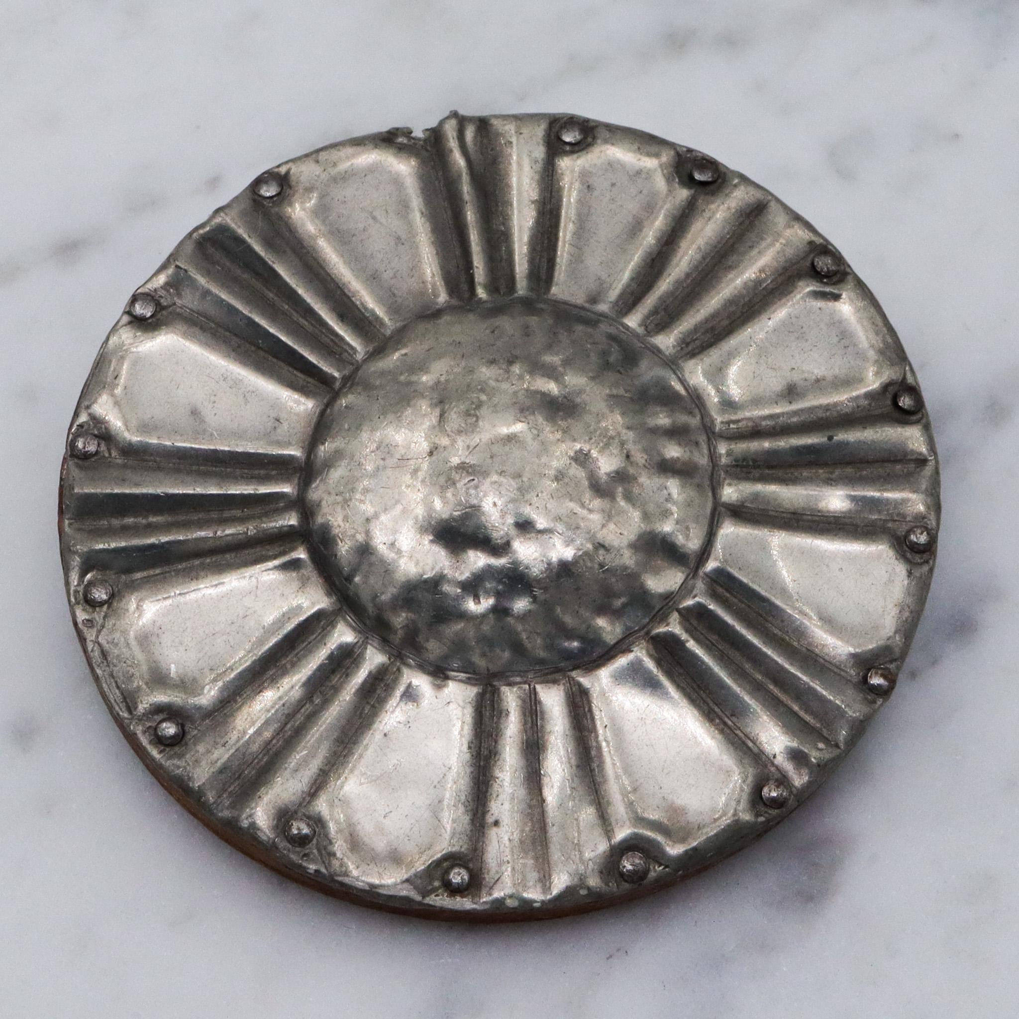 Antique Arts & Crafts period handmade pewter and wood flower brooch