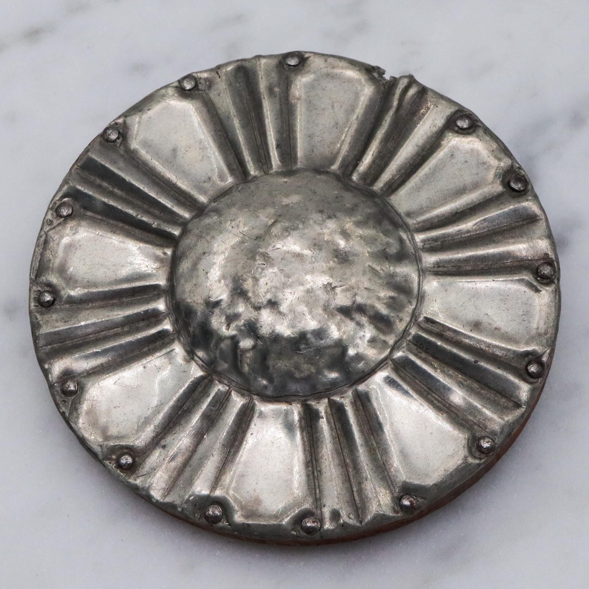 Antique Arts & Crafts period handmade pewter and wood flower brooch