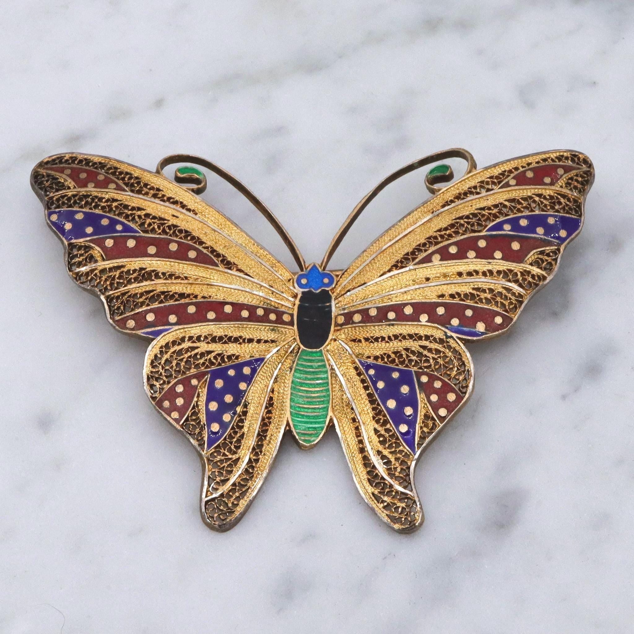 Vintage gilt sterling silver butterfly fine filigree enamel accents brooch