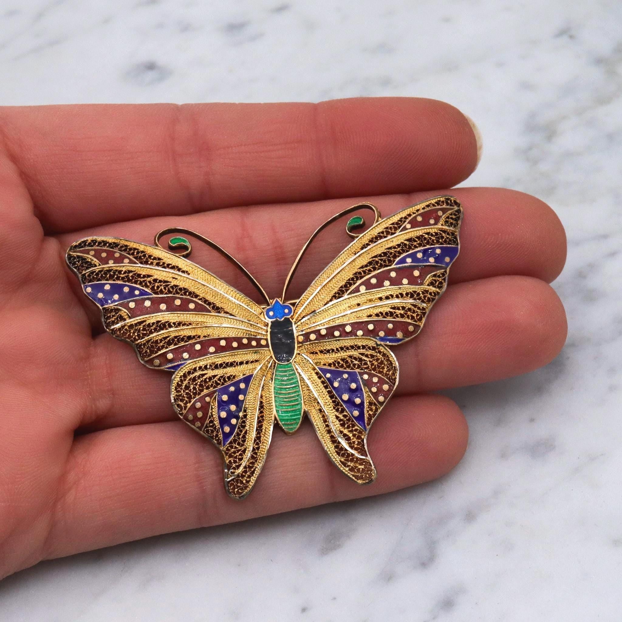 Vintage gilt sterling silver butterfly fine filigree enamel accents brooch