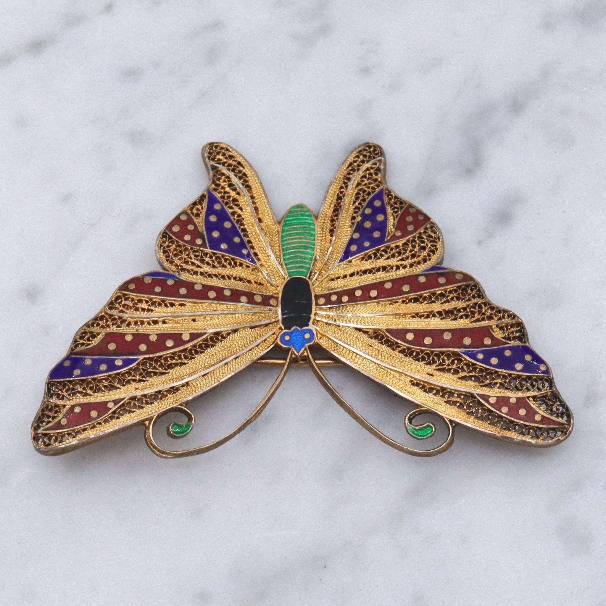 Vintage gilt sterling silver butterfly fine filigree enamel accents brooch