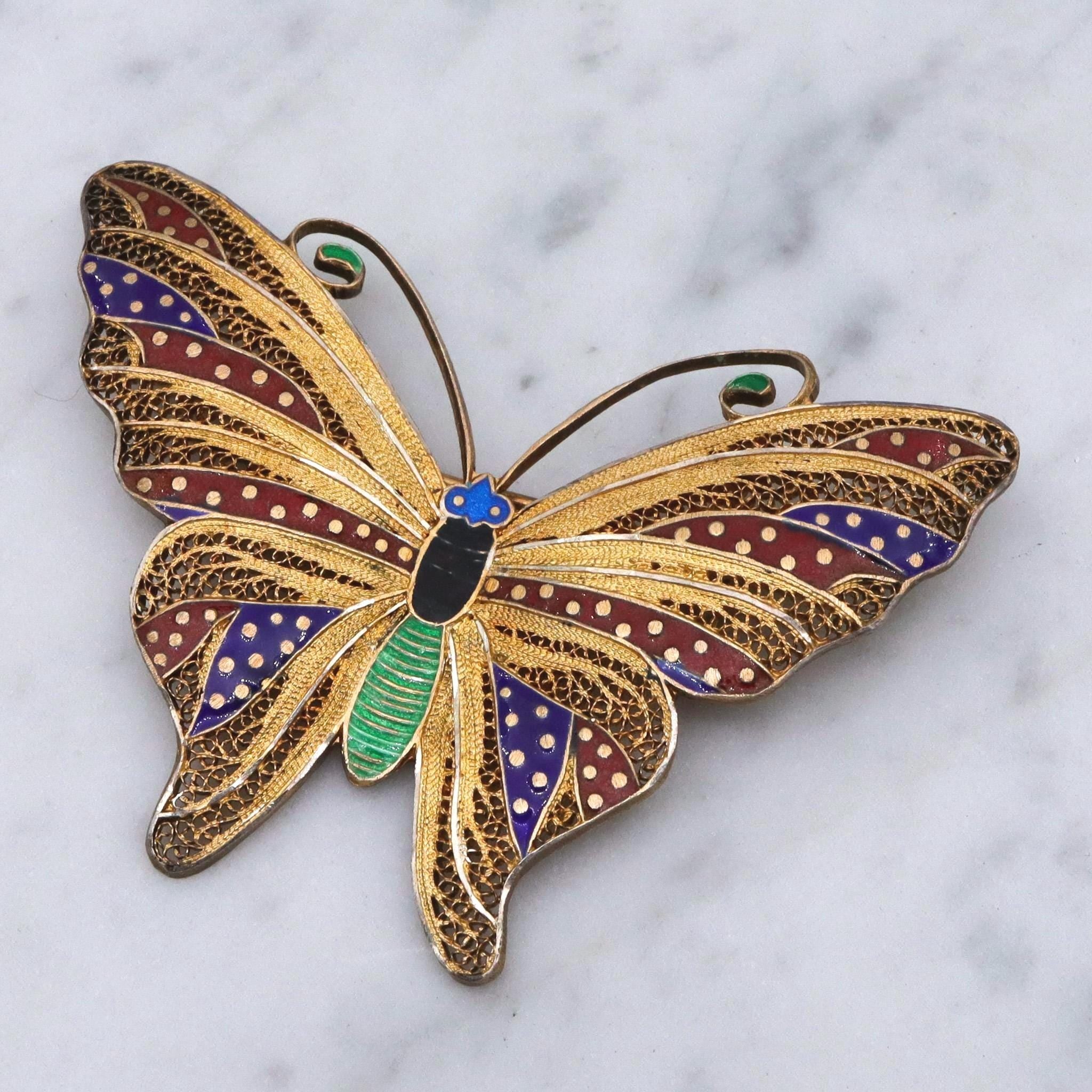Vintage gilt sterling silver butterfly fine filigree enamel accents brooch