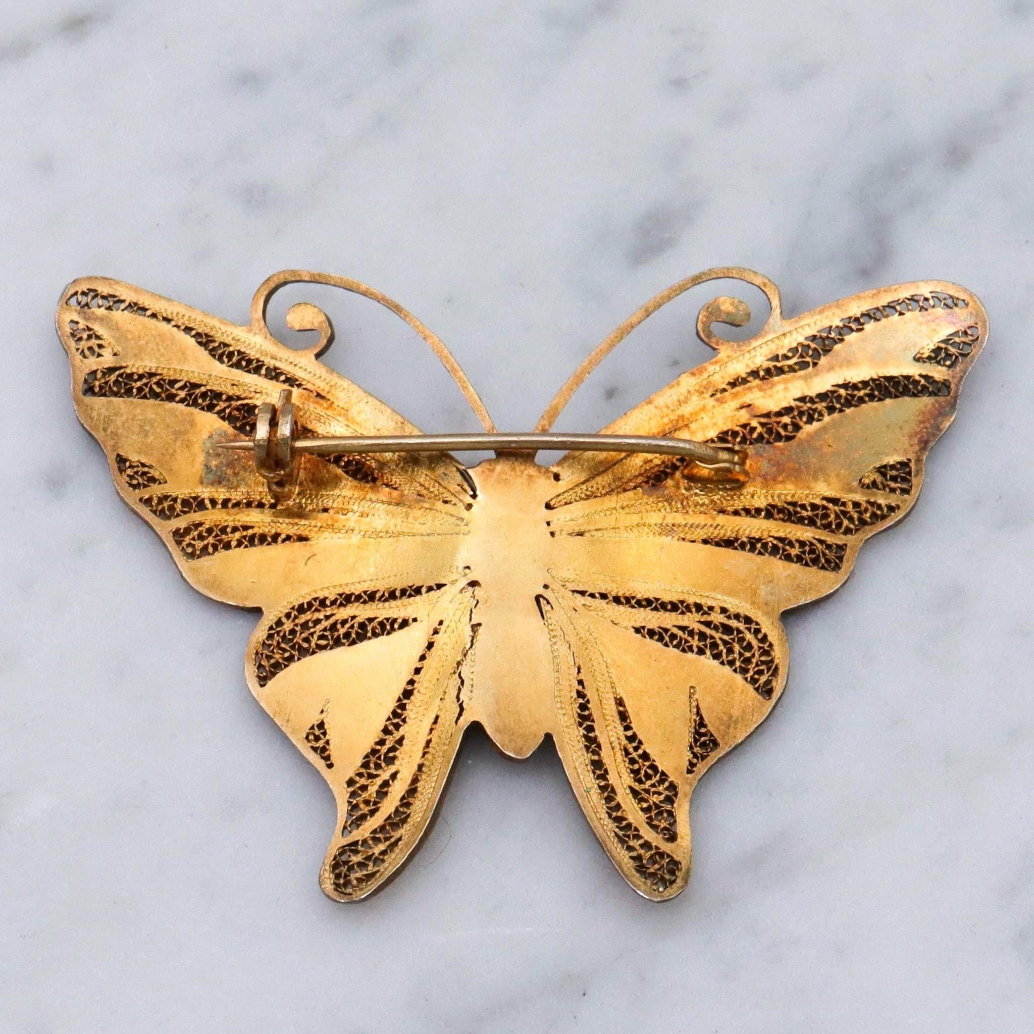 Vintage gilt sterling silver butterfly fine filigree enamel accents brooch