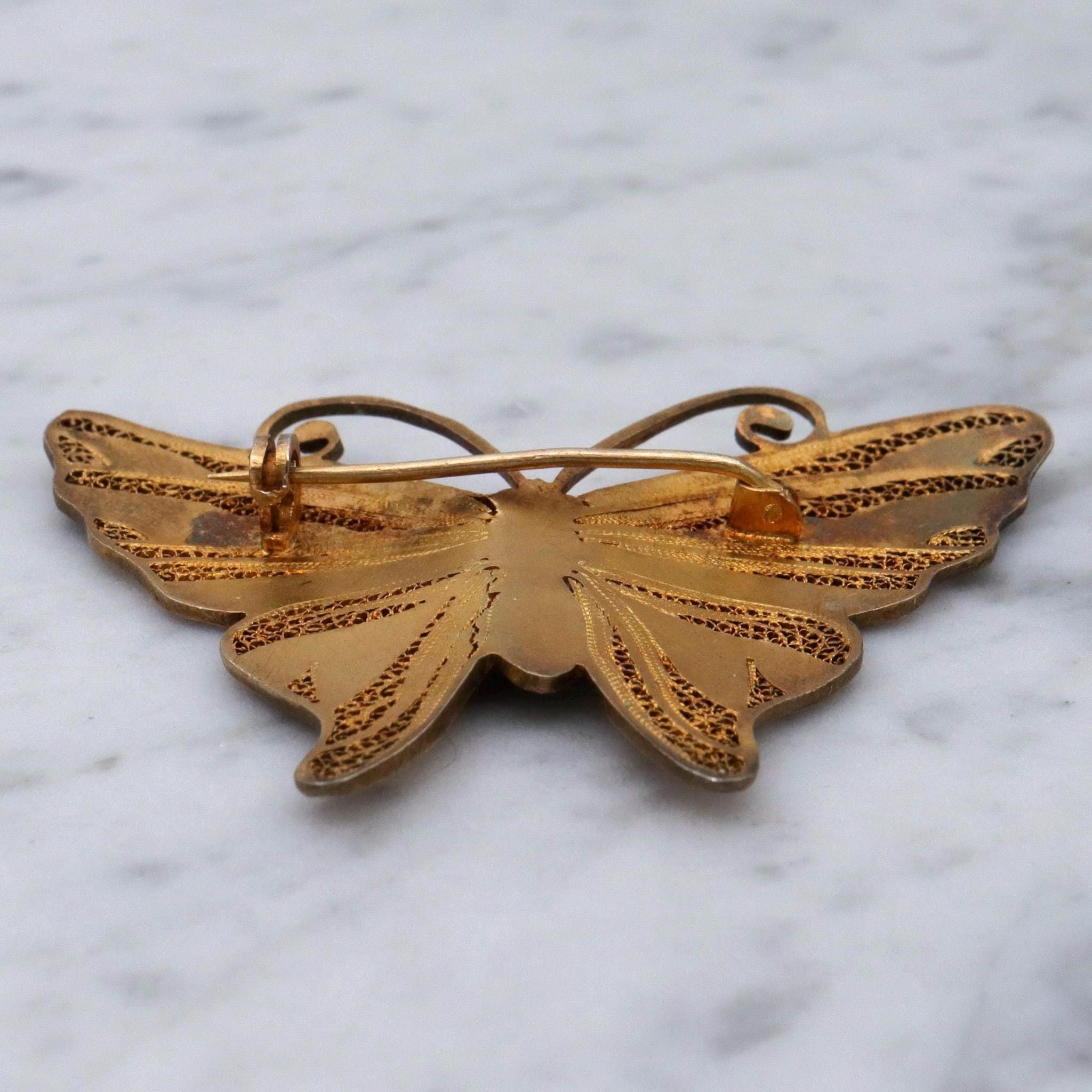 Vintage gilt sterling silver butterfly fine filigree enamel accents brooch