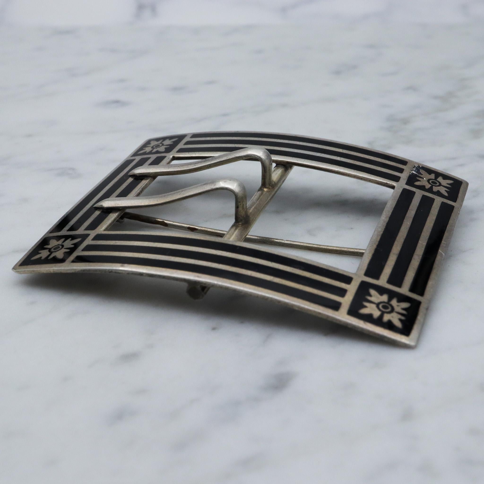 Antique Edwardian sterling silver and black enamel buckle brooch