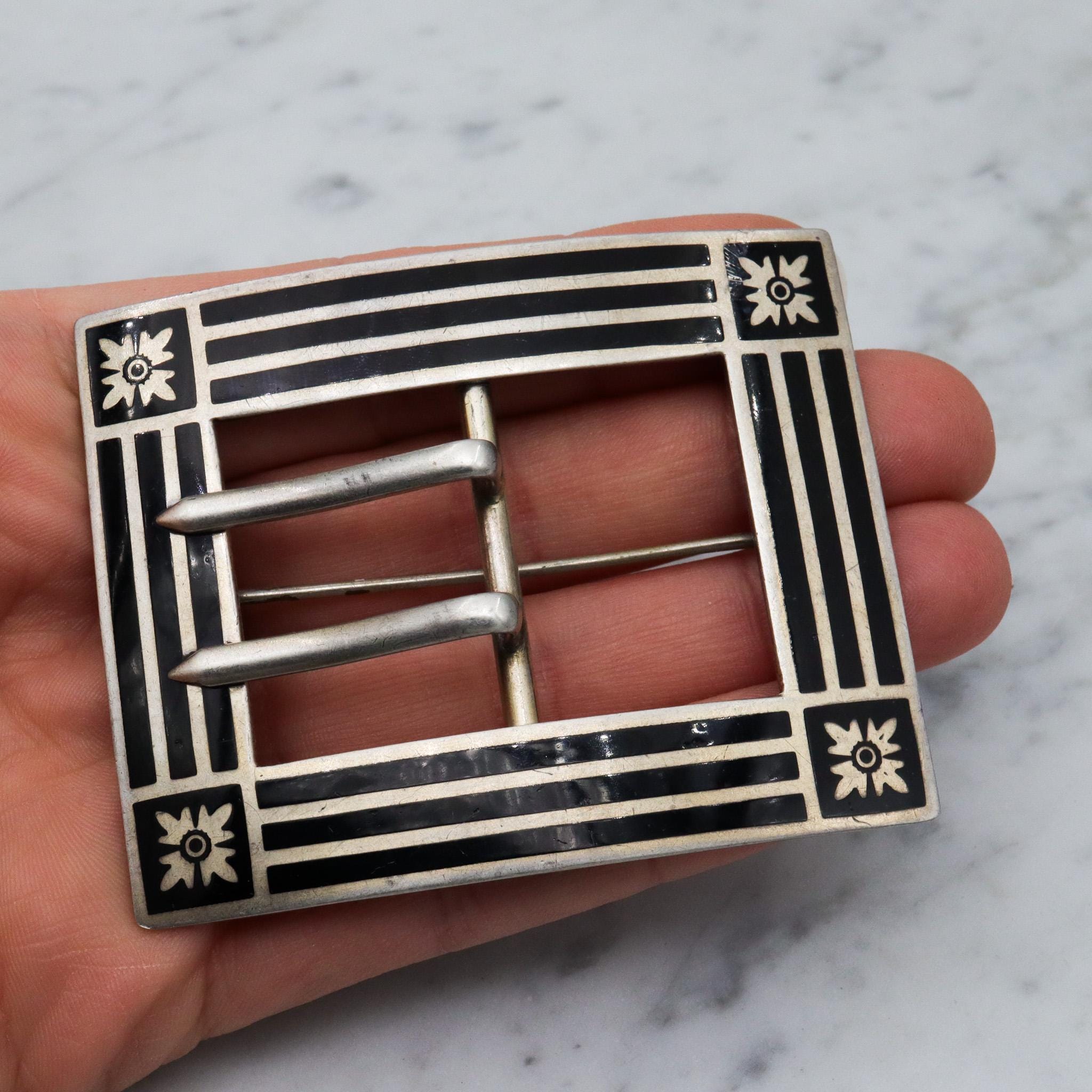 Antique Edwardian sterling silver and black enamel buckle brooch