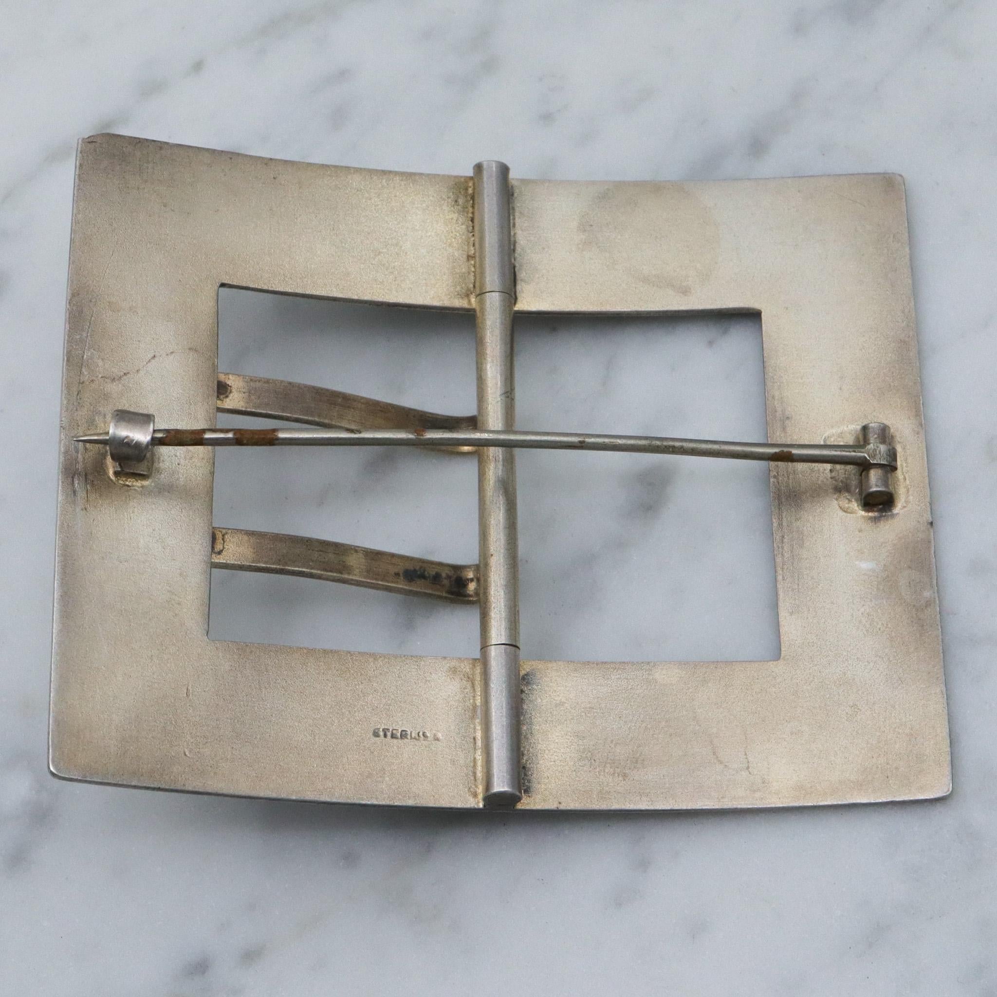 Antique Edwardian sterling silver and black enamel buckle brooch
