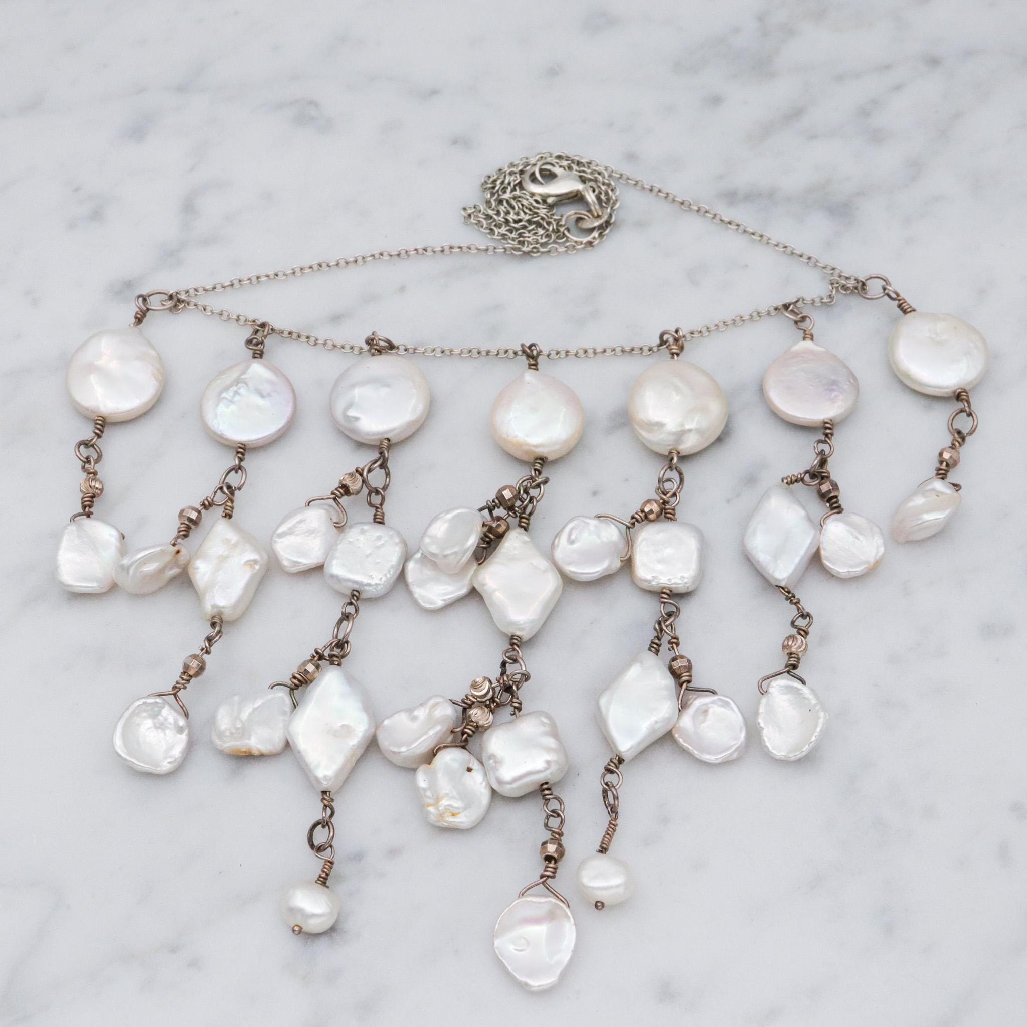Vintage sterling silver baroque cultured pearl drop necklace