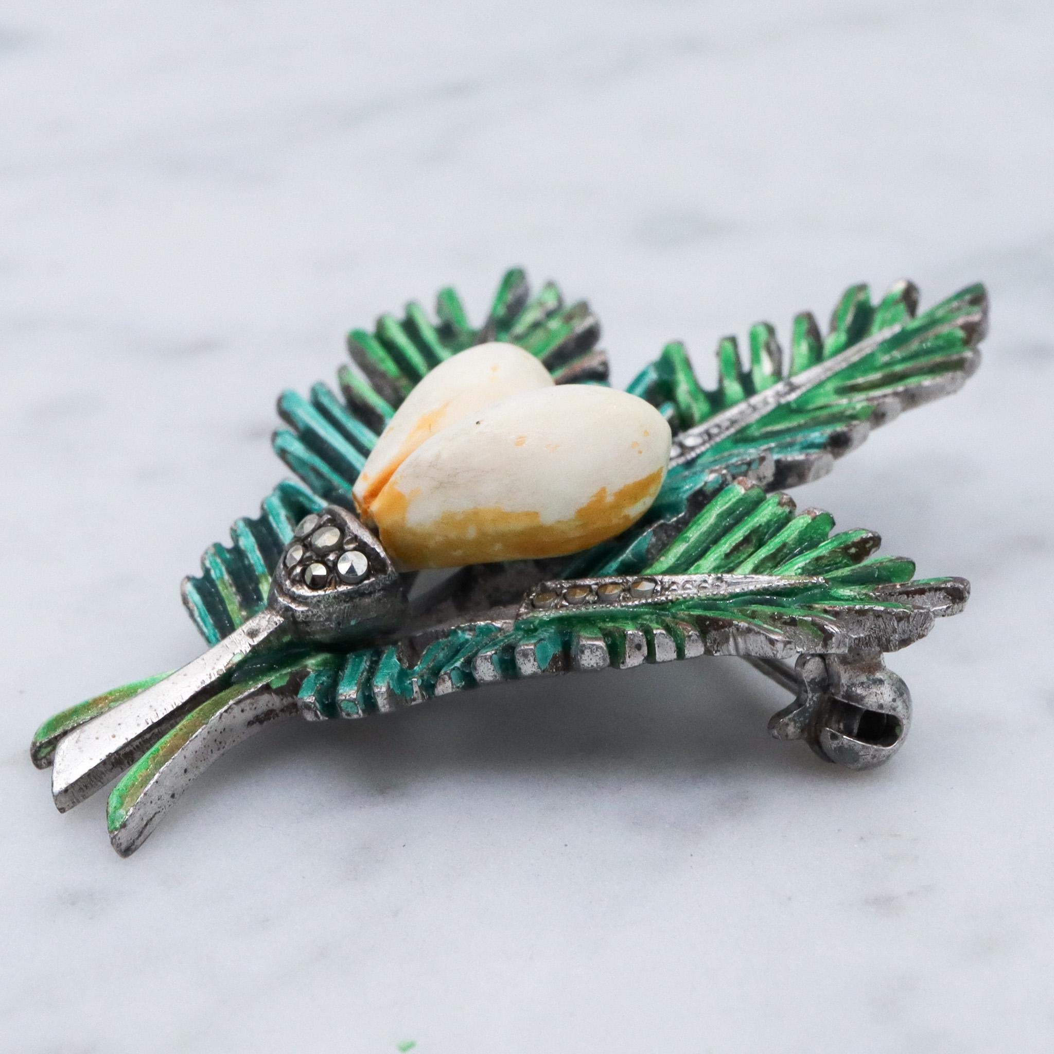 Antique German Art Deco sterling silver painted brooch with marcasite stones