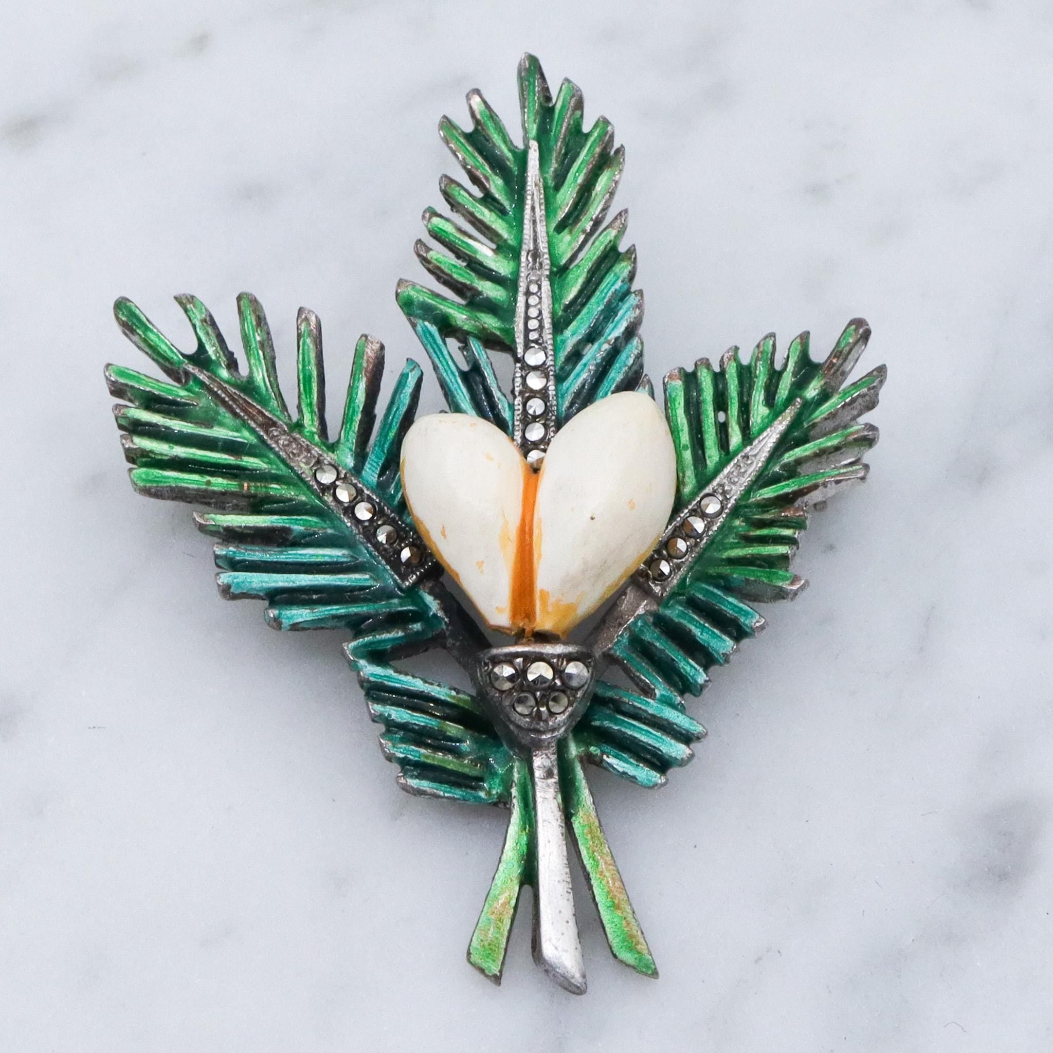 Antique German Art Deco sterling silver painted brooch with marcasite stones
