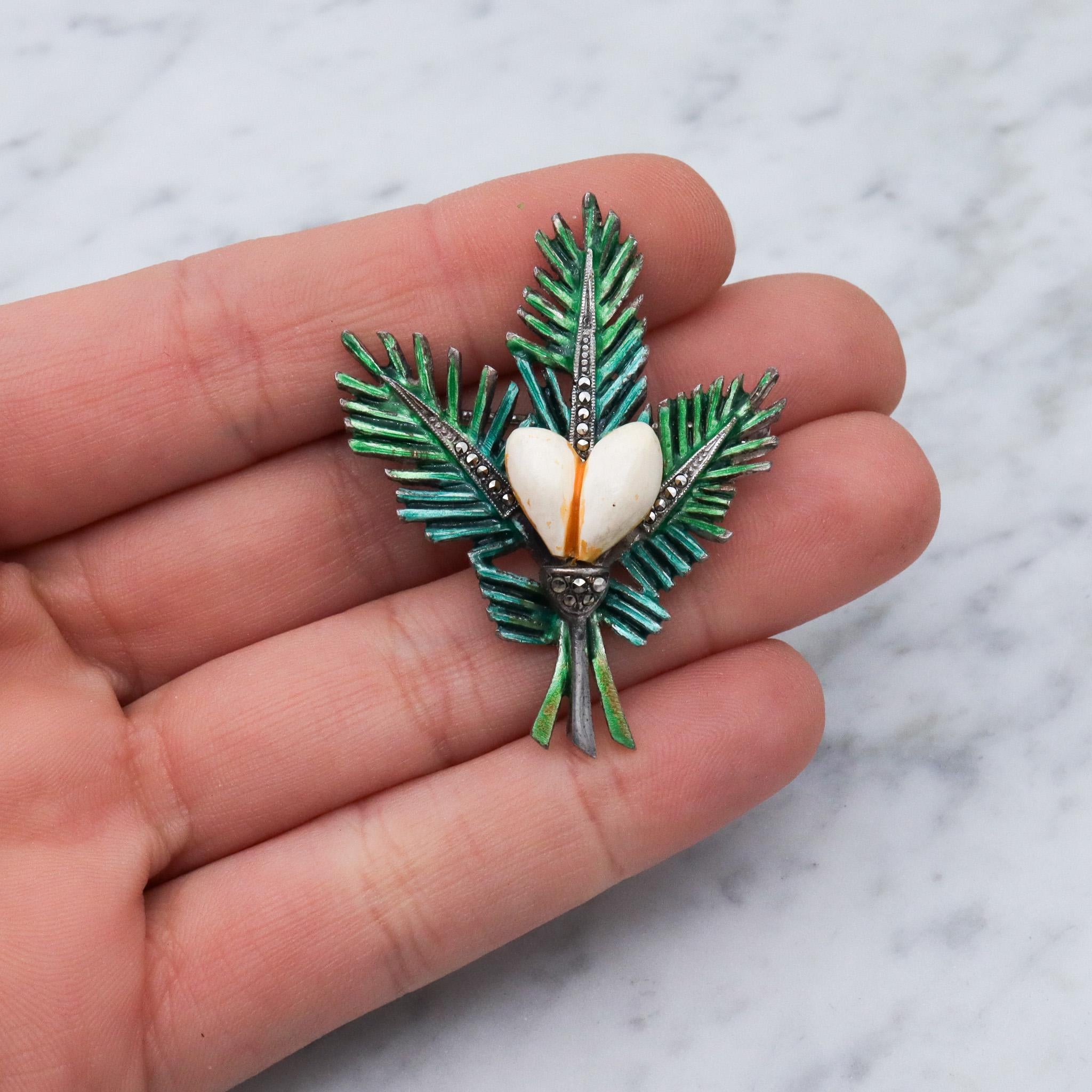 Antique German Art Deco sterling silver painted brooch with marcasite stones