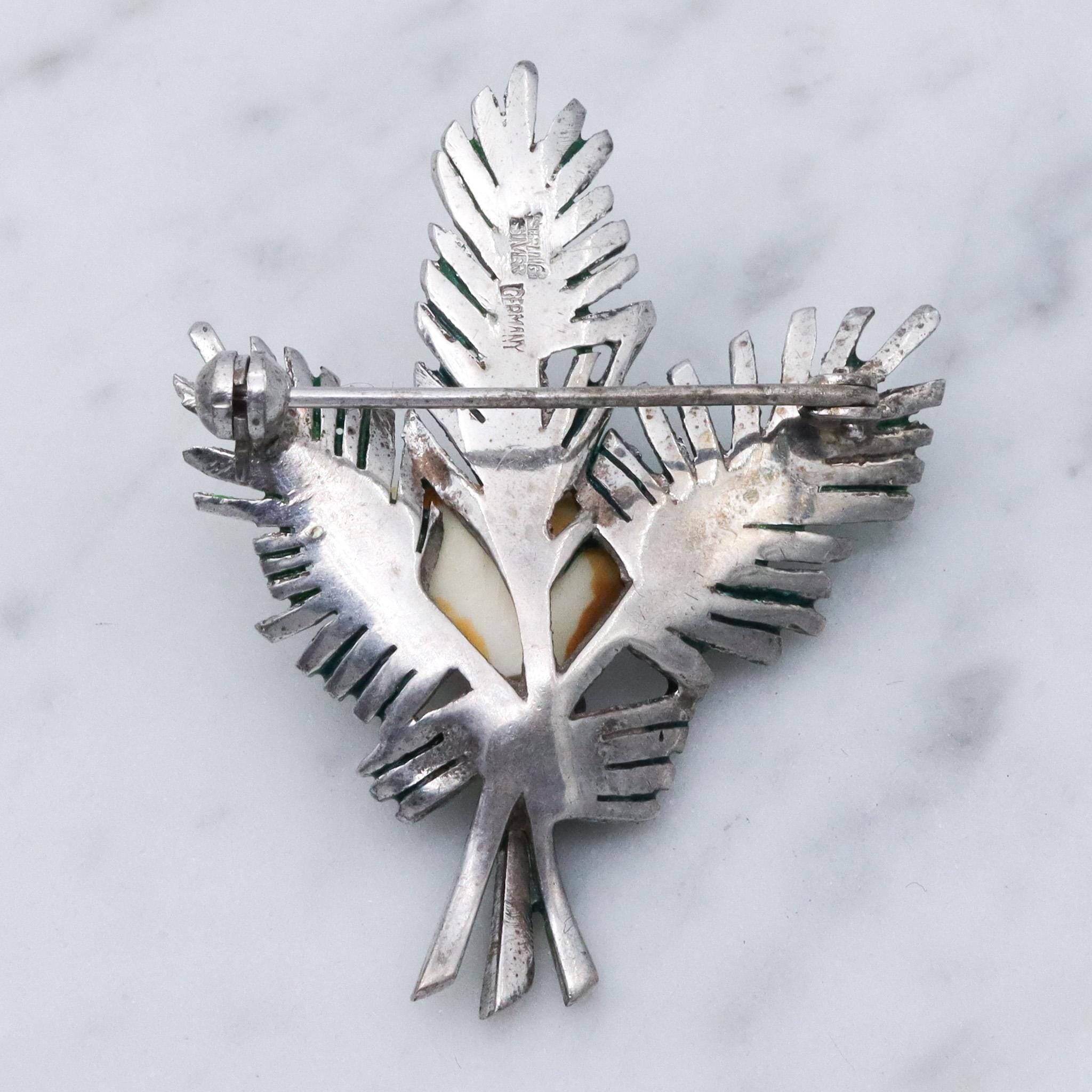 Antique German Art Deco sterling silver painted brooch with marcasite stones