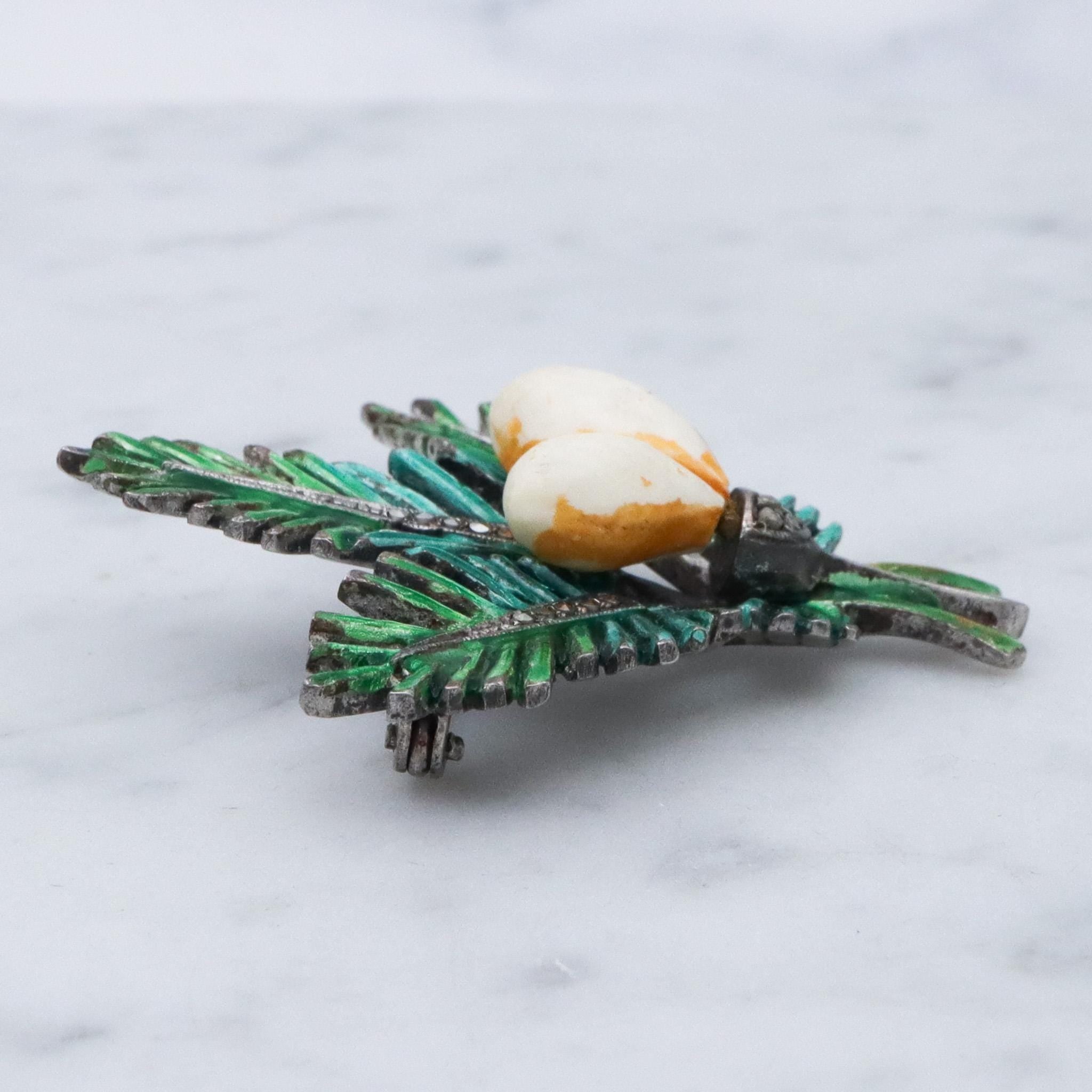 Antique German Art Deco sterling silver painted brooch with marcasite stones