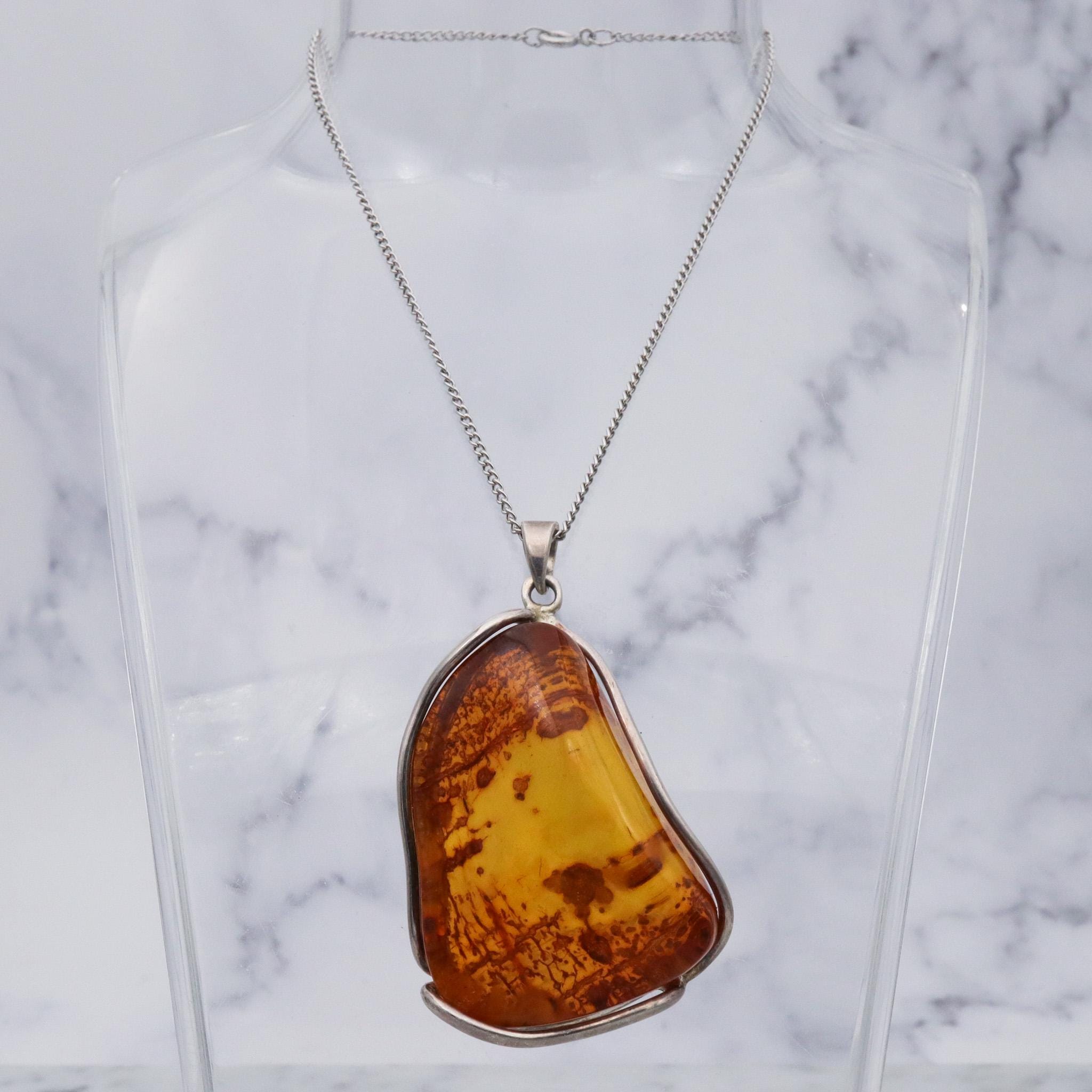 Large vintage sterling silver amber chunk pendant