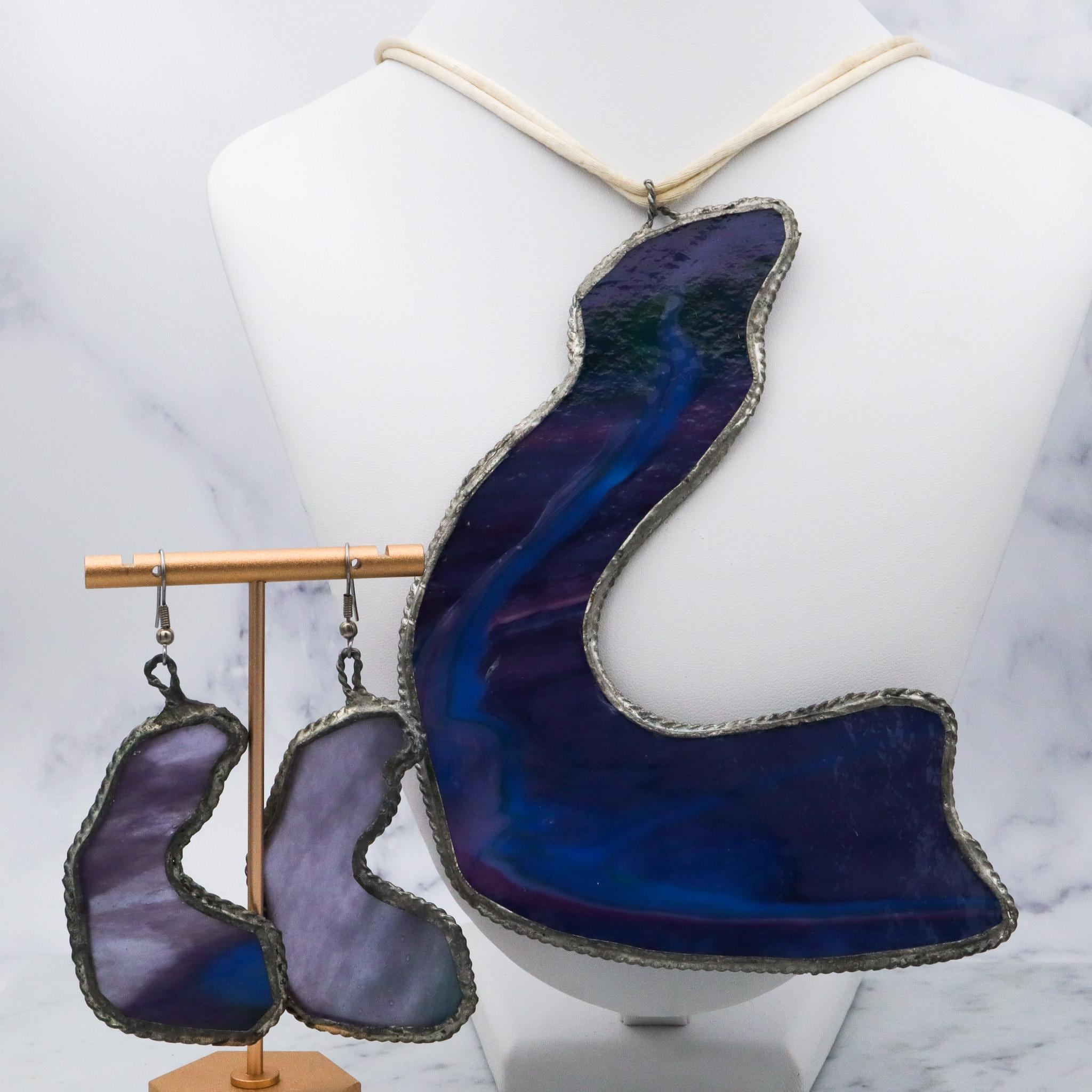 Mid Century studio artisan slag glass pendant necklace and earrings set