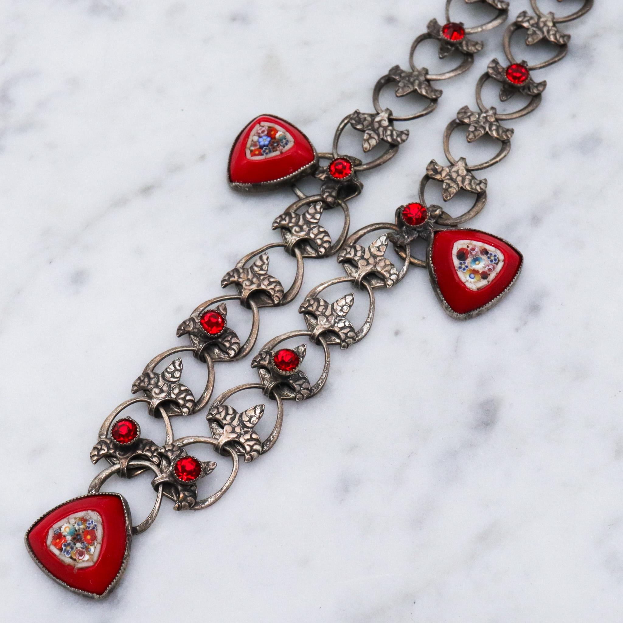 Mid Century red micro mosaic silver tone necklace