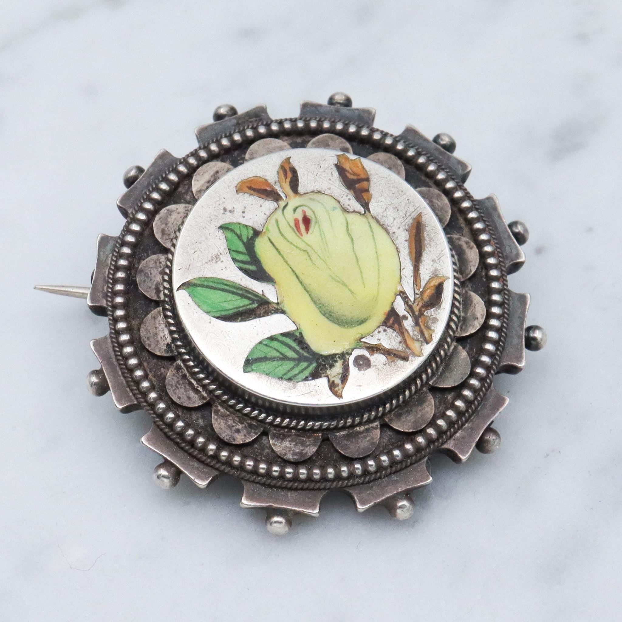 Antique Aesthetic period sterling silver & enamel brooch with locket back