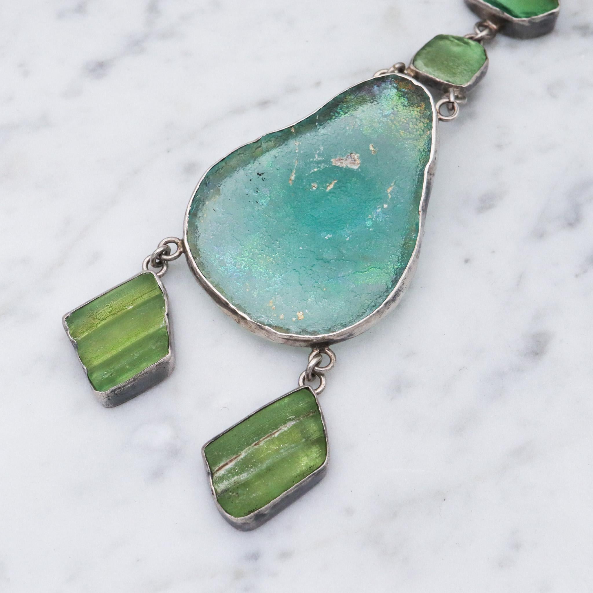 Vintage handmade sterling silver ancient Roman glass lavalier style necklace