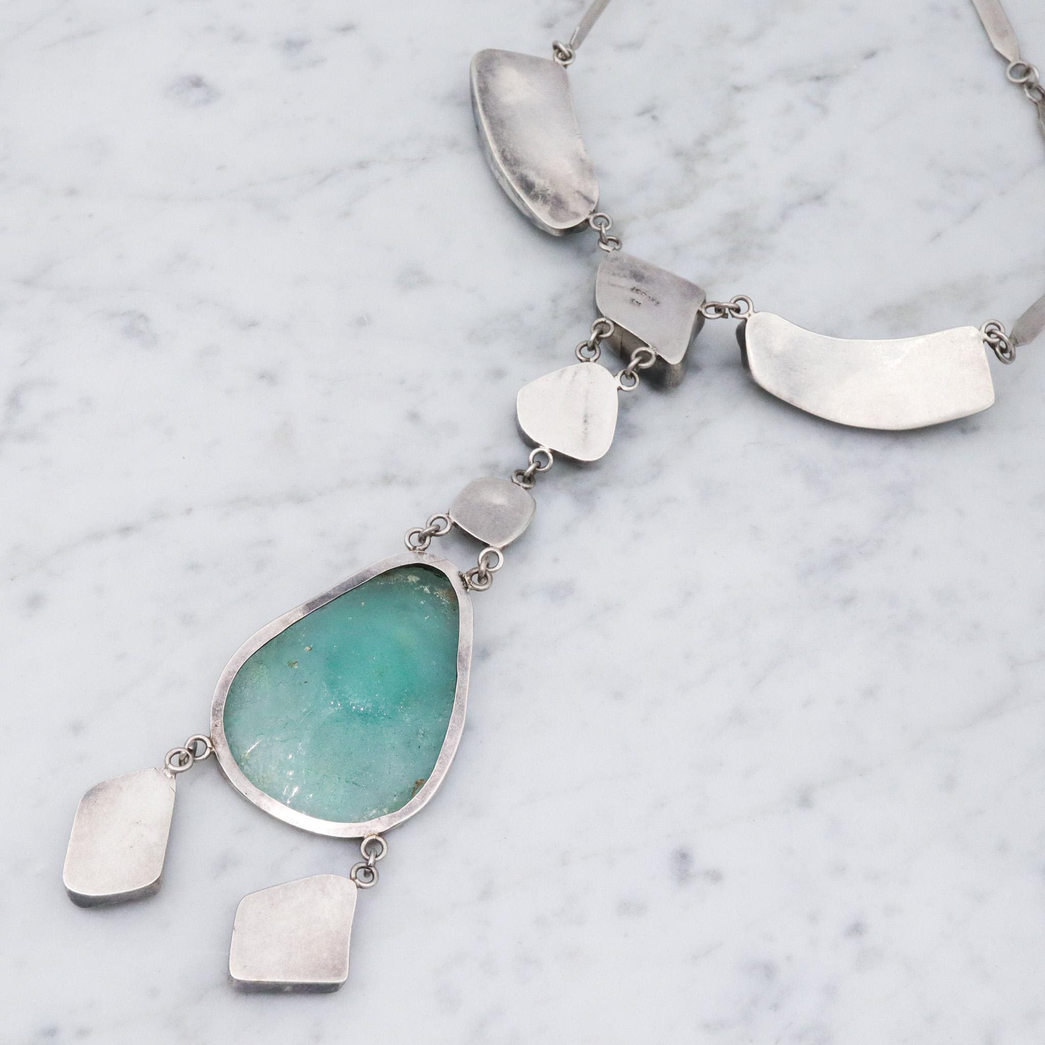Vintage handmade sterling silver ancient Roman glass lavalier style necklace
