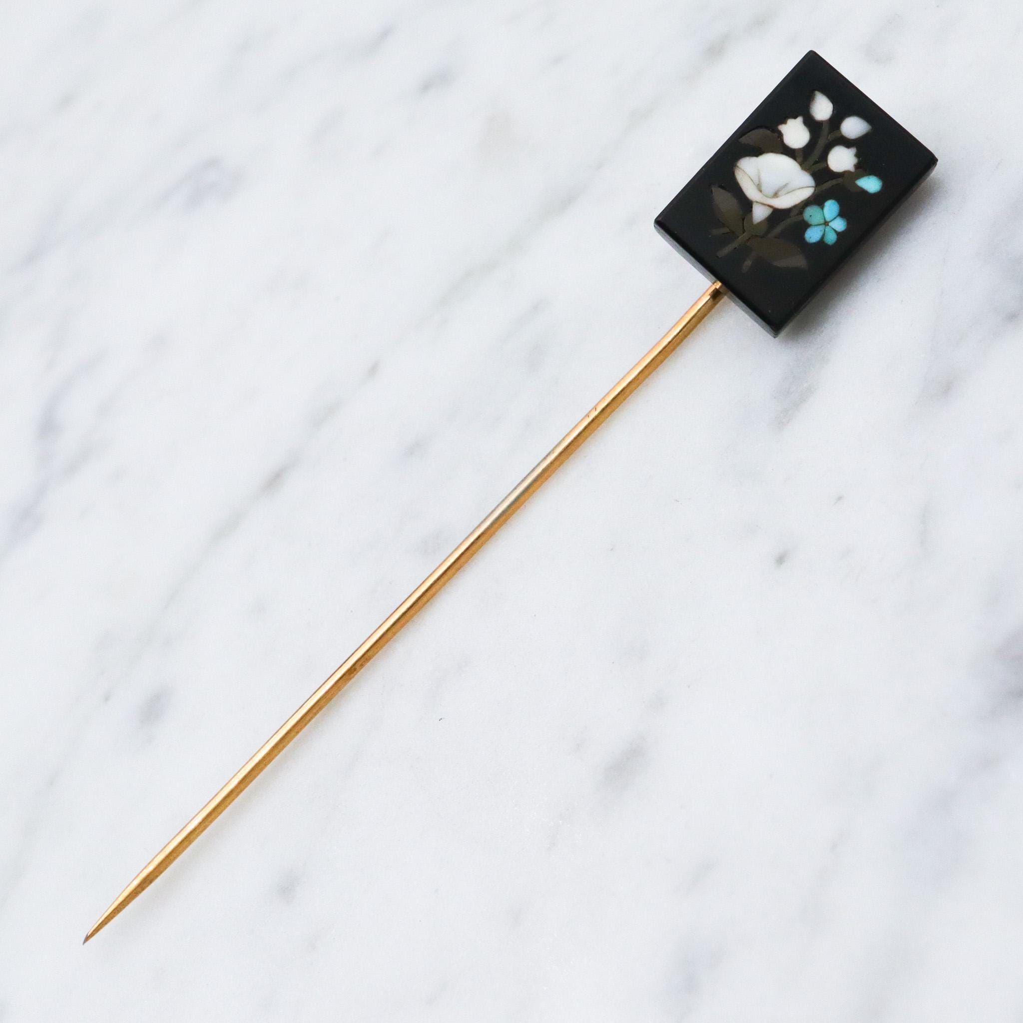 Antique Victorian gold filled Italian pietra dura plaque stick pin