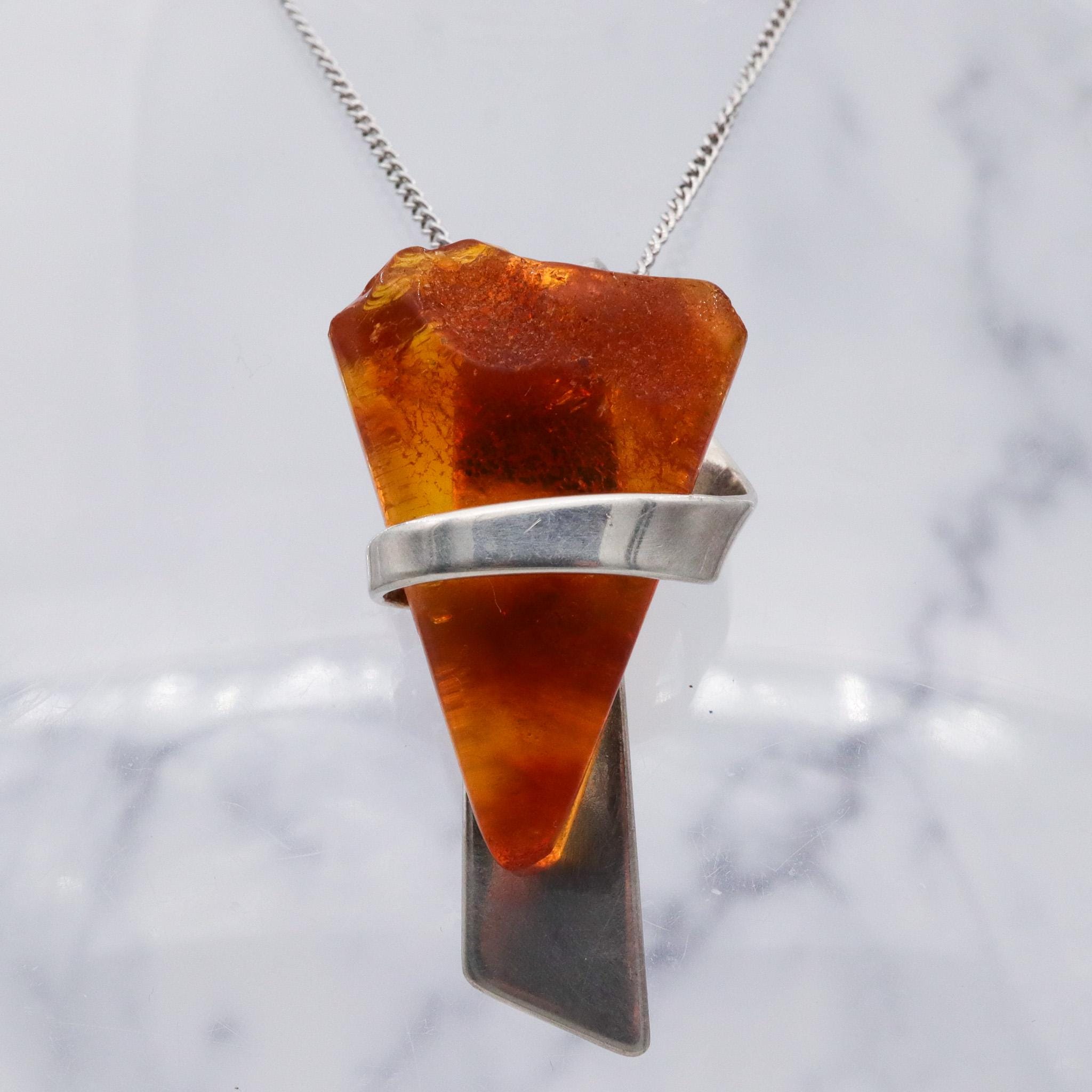 Mid Century sterling silver Baltic amber triangle pendant