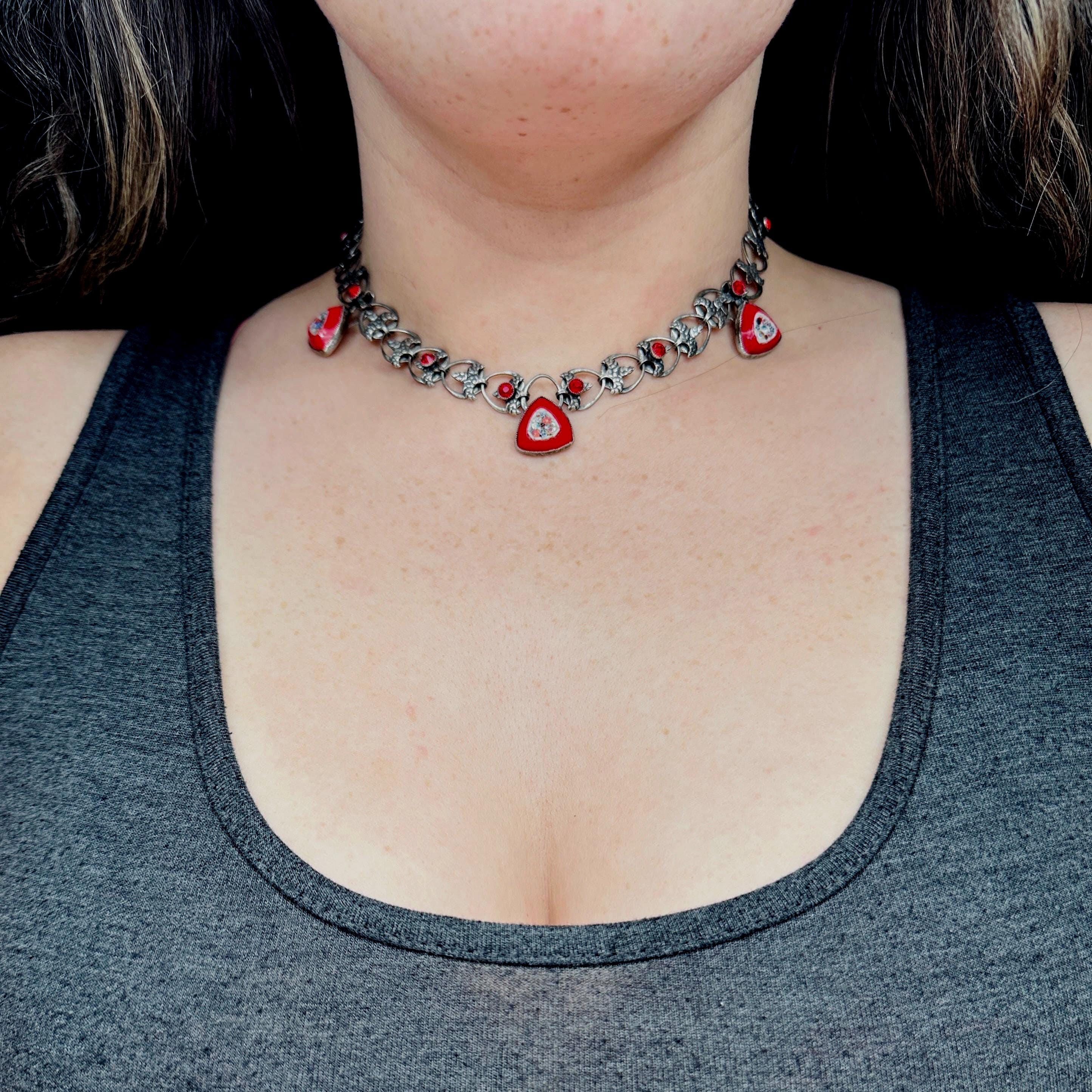 Mid Century red micro mosaic silver tone necklace