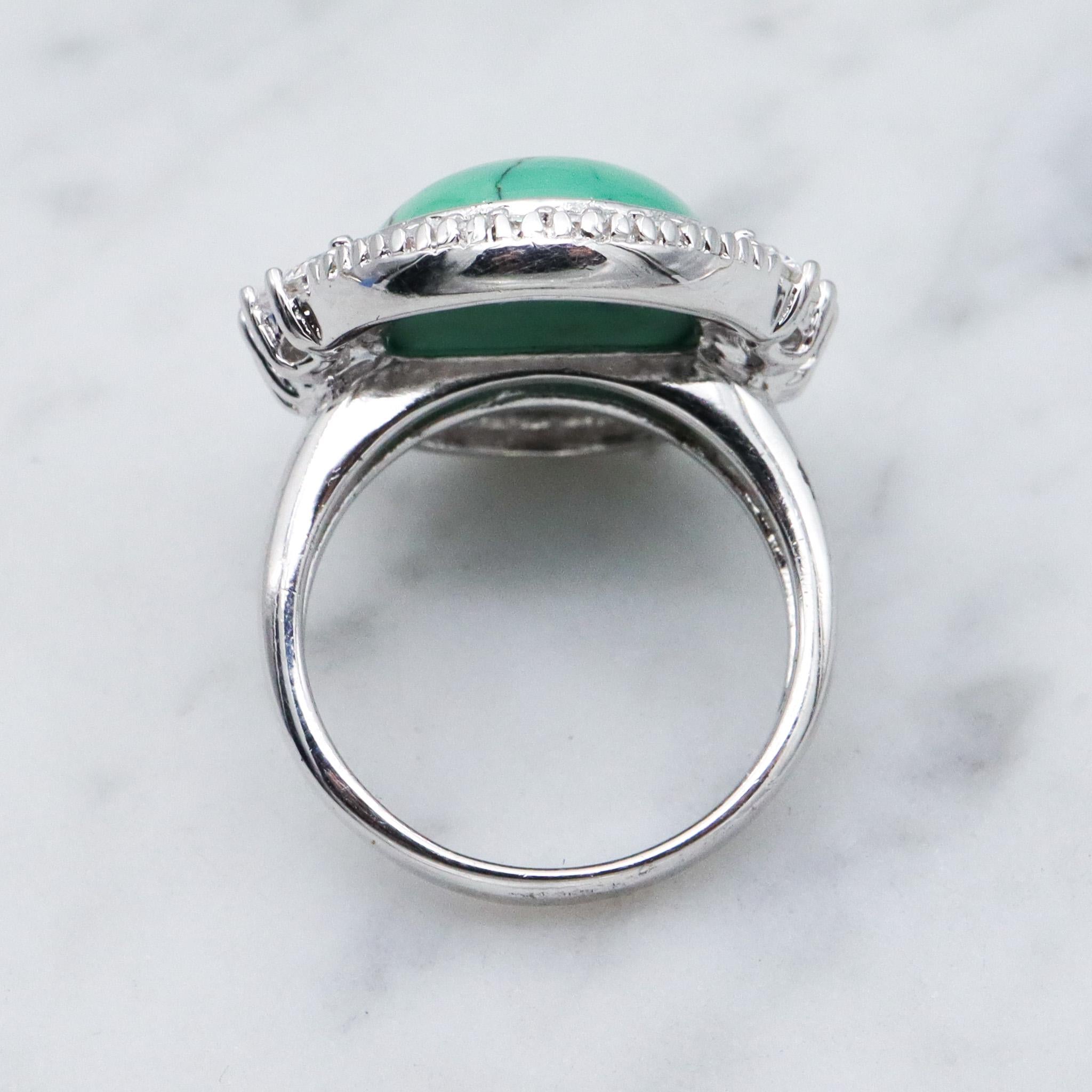 Vintage Joseph Esposito ESPO sterling silver green turquoise with cubic zirconia halo ring, sz 6