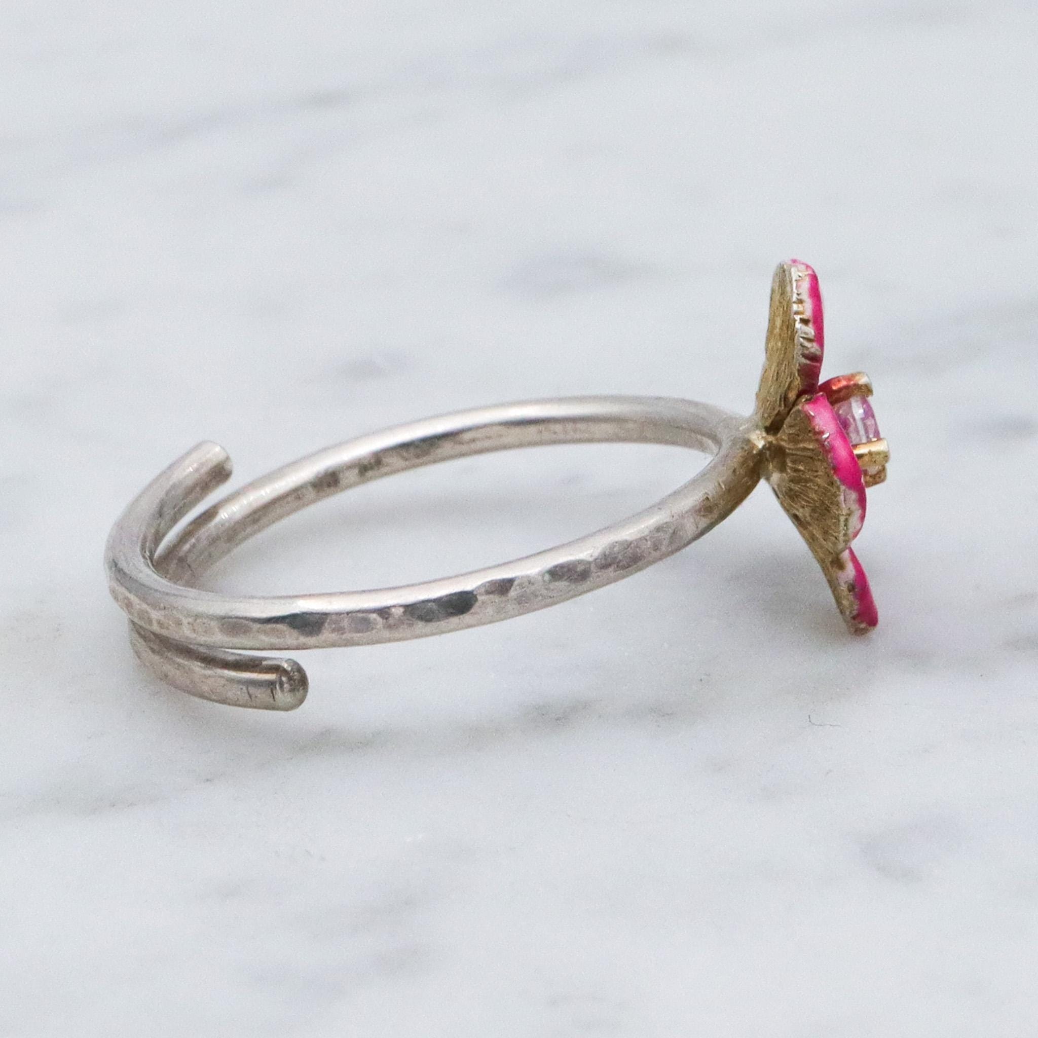 Vintage sterling silver enamel pink flower ring with cubic zirconia center, sz 9 adjustable