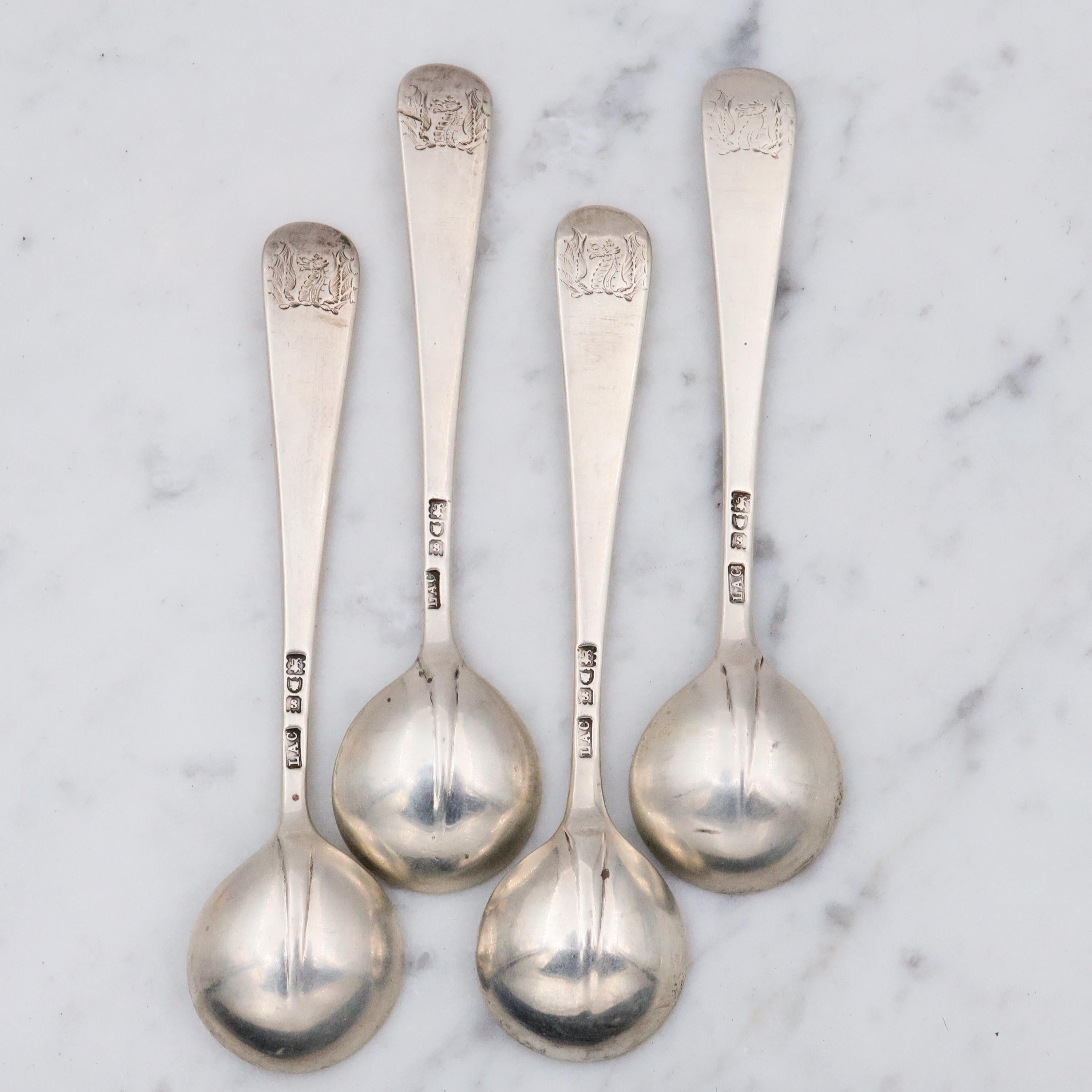 1913 Lionel Alfred Crichton Set Of 4 London Sterling Salt Spoons with Dragon Engraving