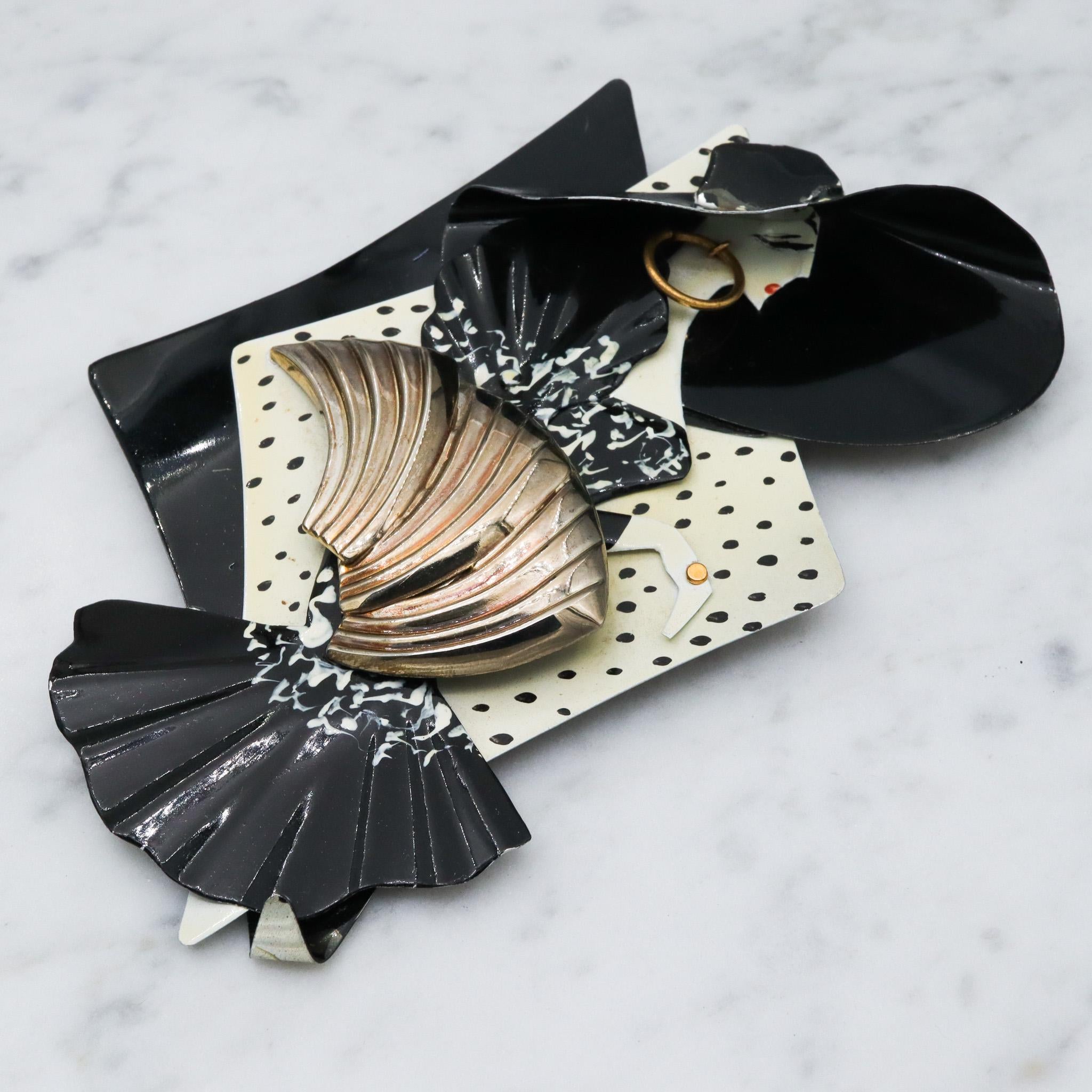 Huge 1980's handmade black and white lady brooch