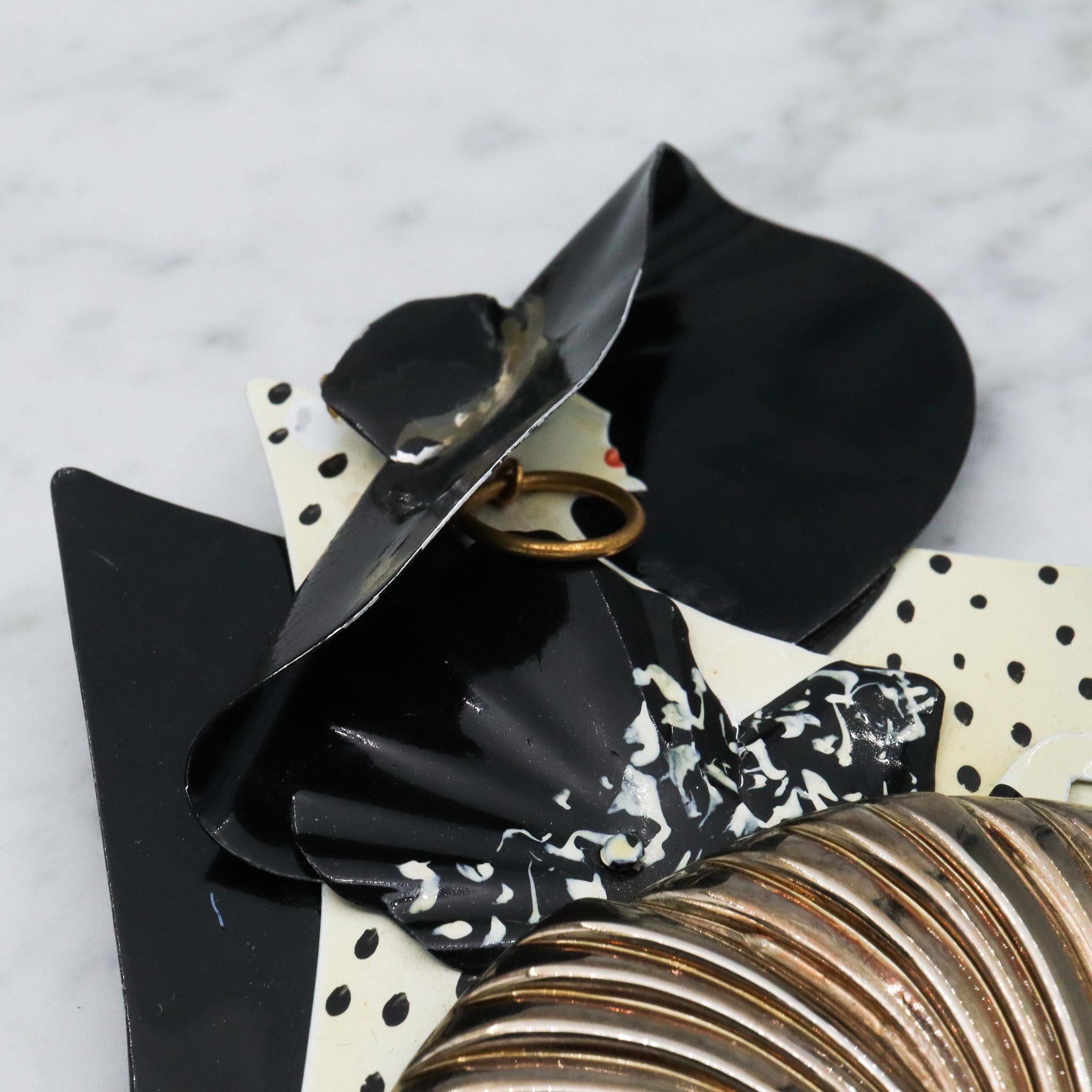 Huge 1980's handmade black and white lady brooch