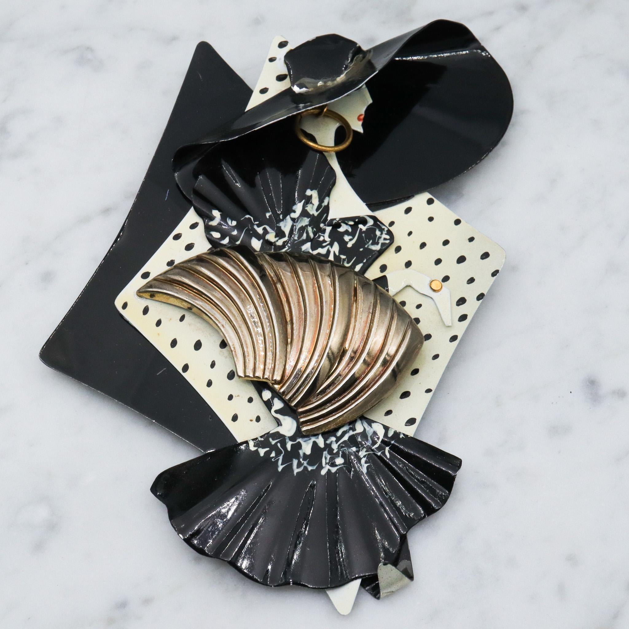 Huge 1980's handmade black and white lady brooch