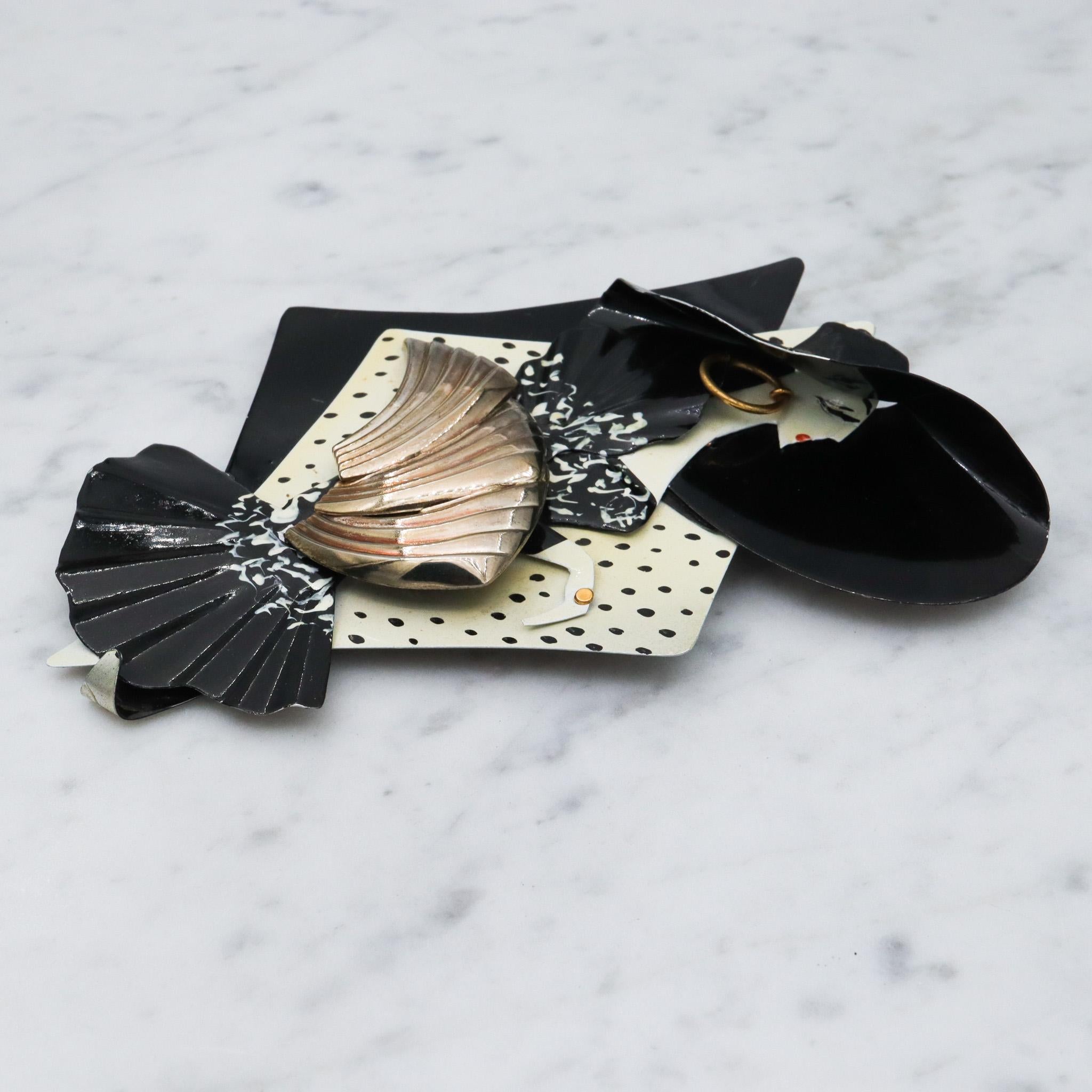 Huge 1980's handmade black and white lady brooch