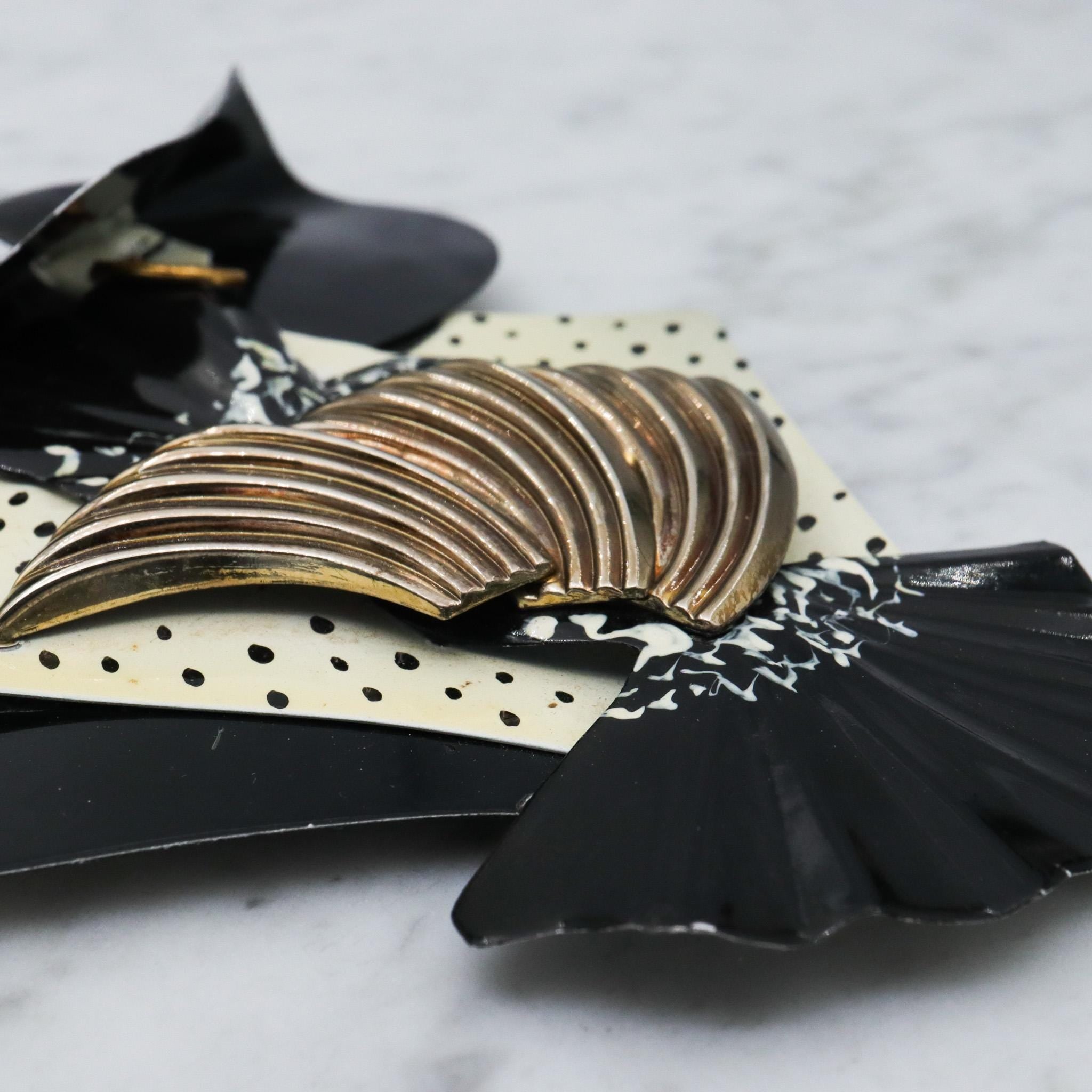 Huge 1980's handmade black and white lady brooch