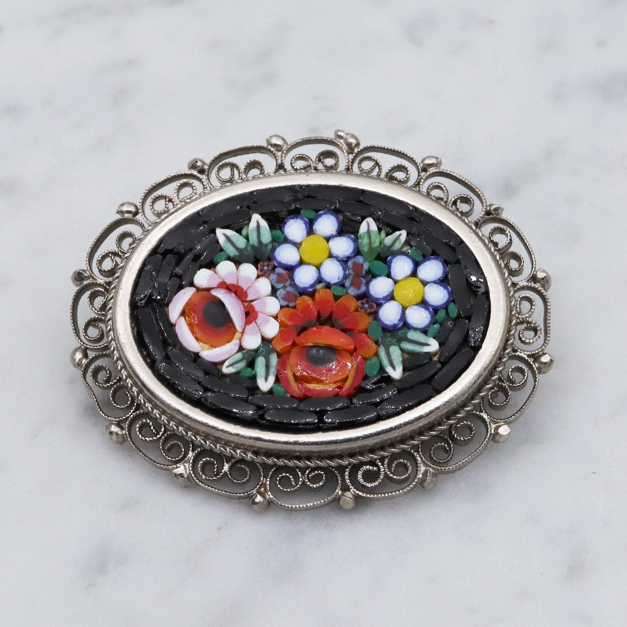 Vintage Spanish silver tone micro mosaic tile brooch