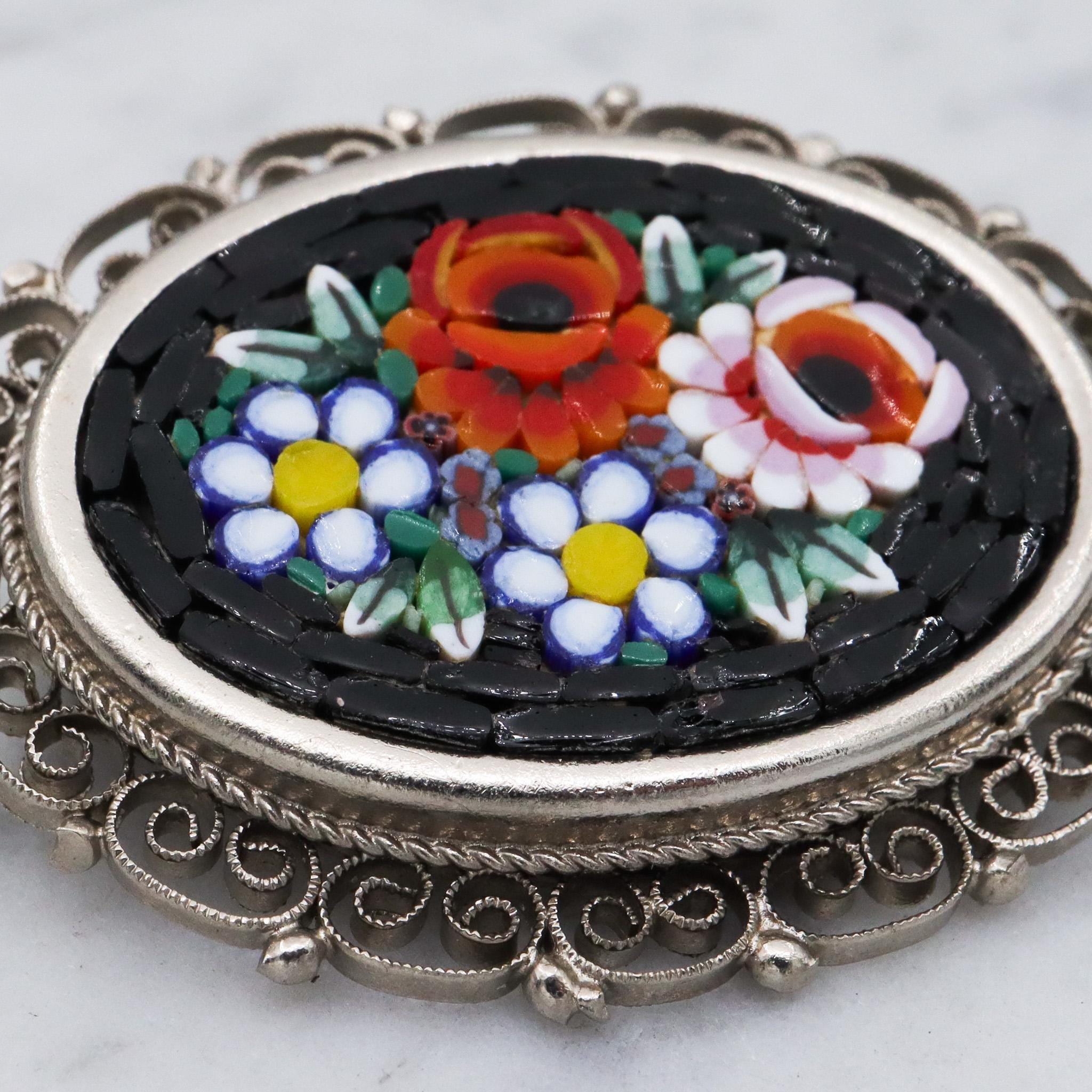 Vintage Spanish silver tone micro mosaic tile brooch