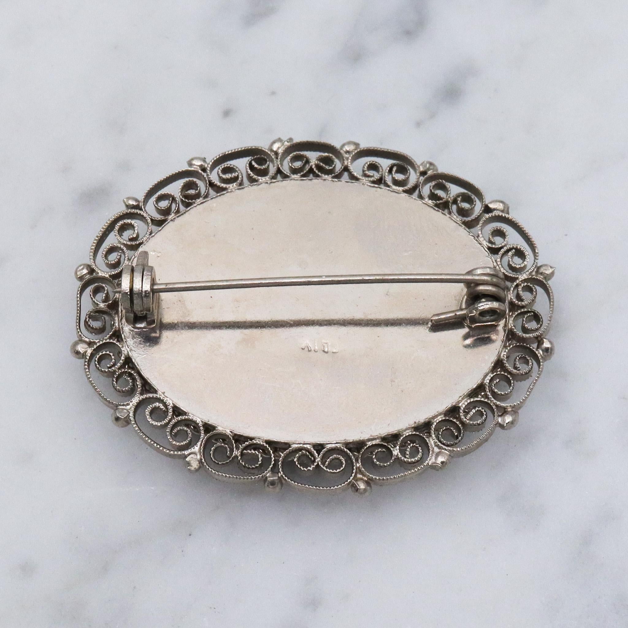 Vintage Spanish silver tone micro mosaic tile brooch