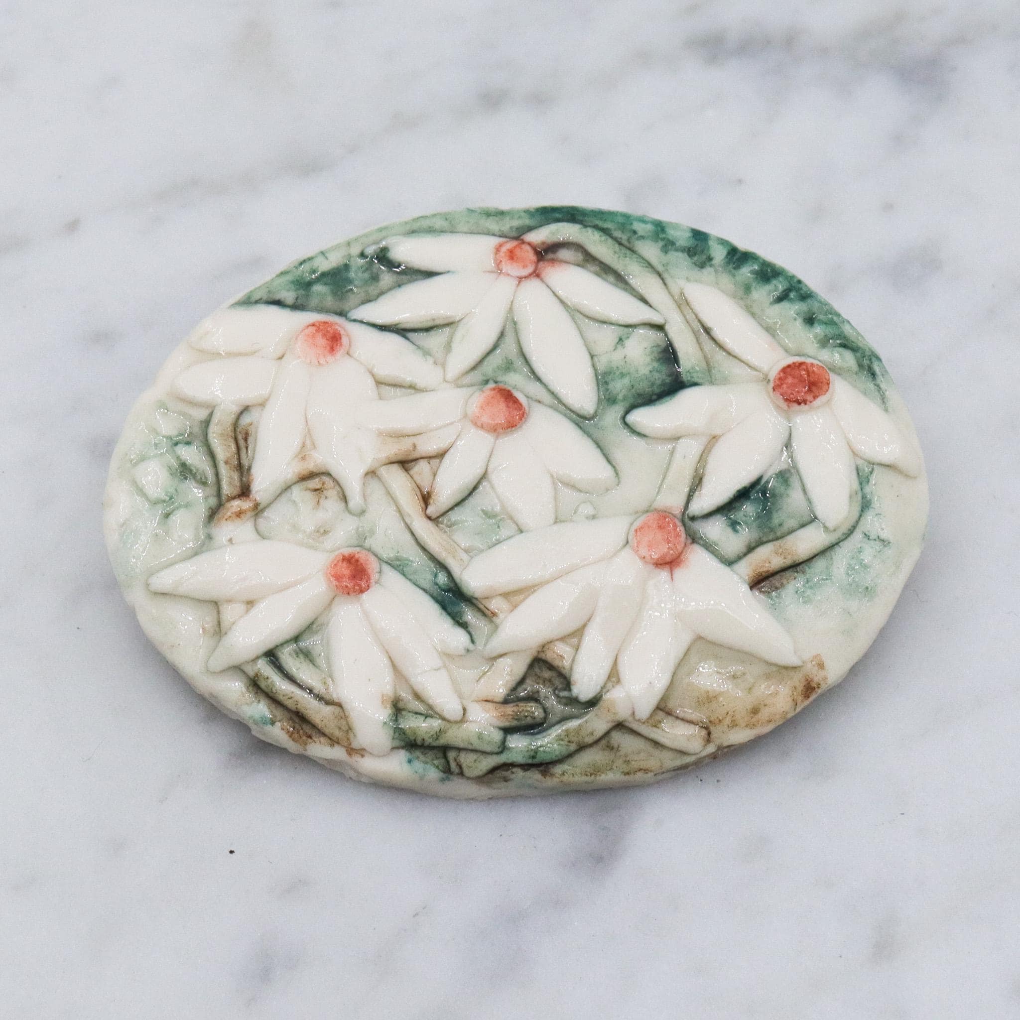 Vintage handmade porcelain white flower plaque brooch