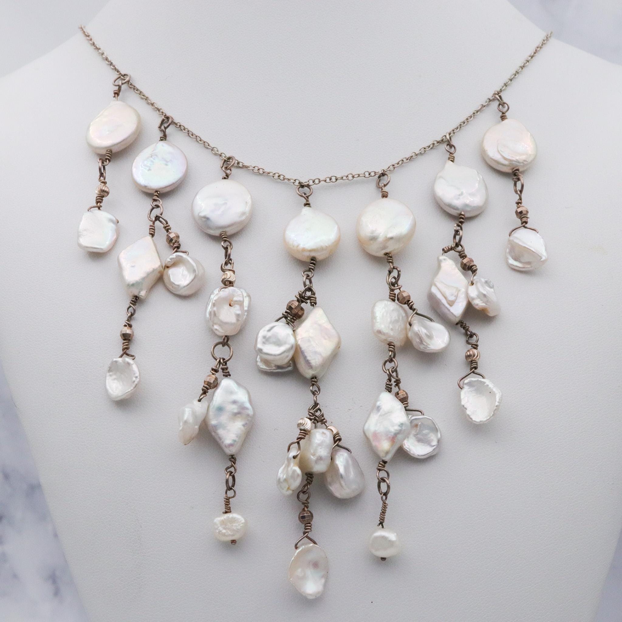 Vintage sterling silver baroque cultured pearl drop necklace