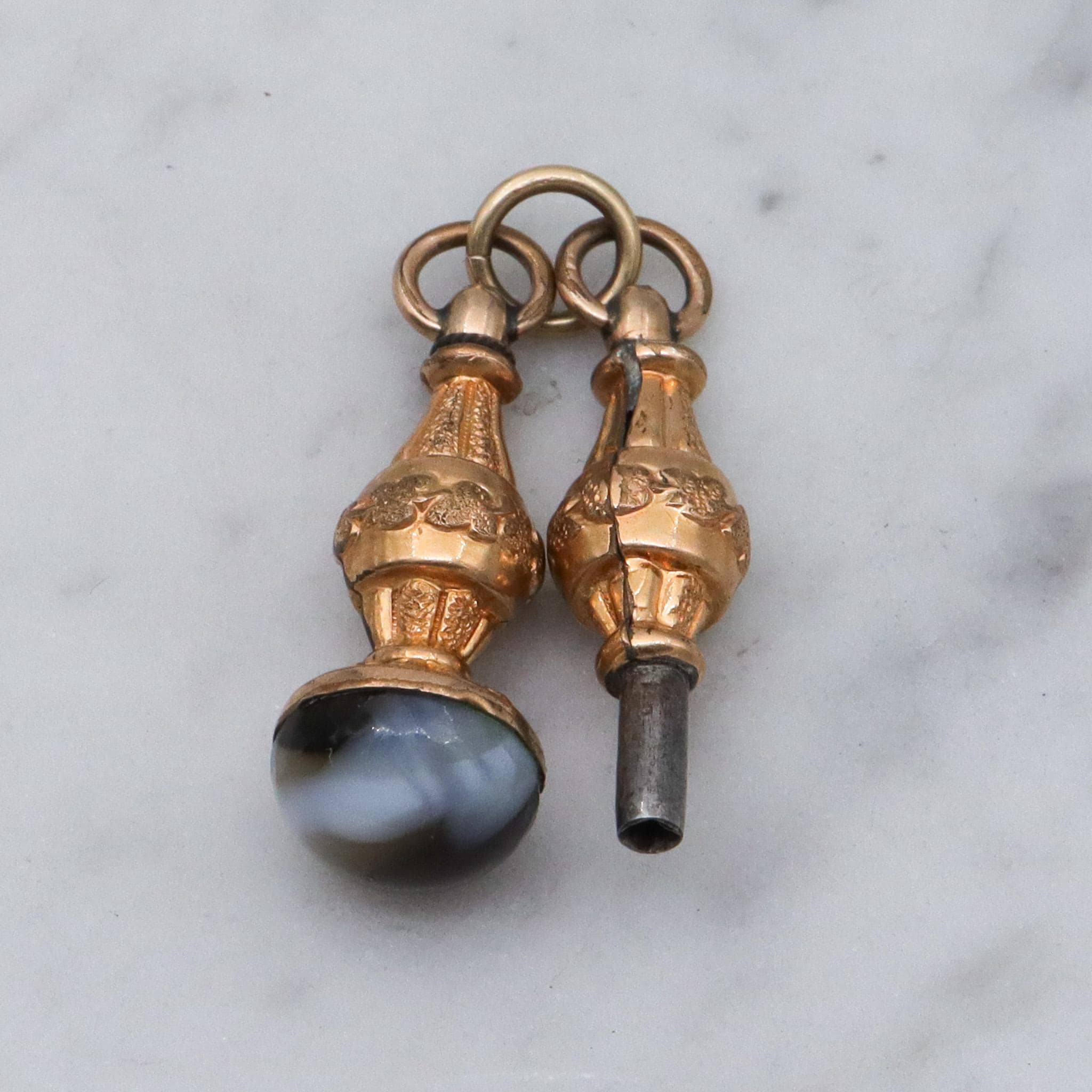 Antique Victorian gold filled watch key & slag glass fob